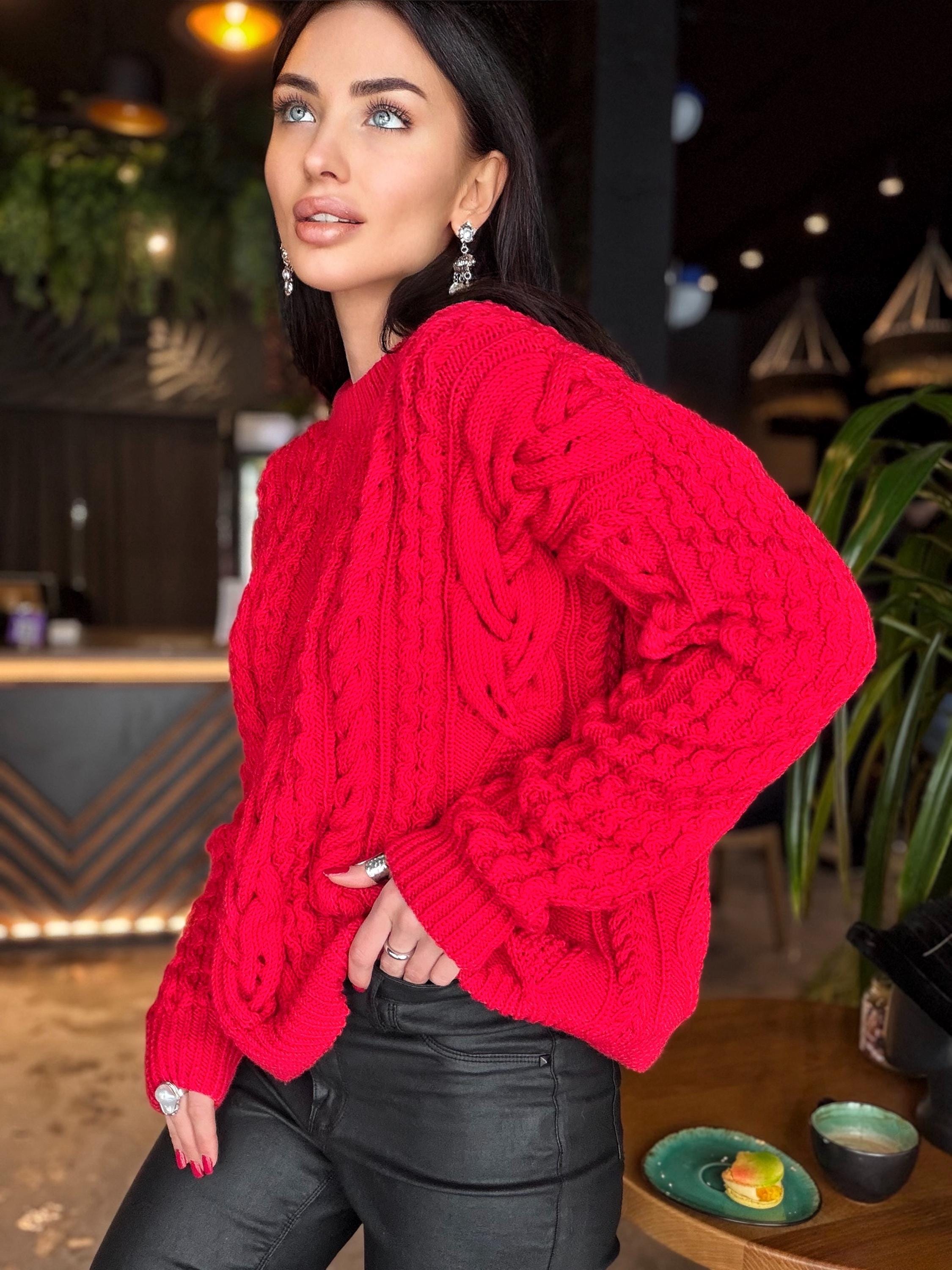 Aran hand knit Red Merino Wool Scandinavian Sweater Chunky knit oversized pullover Oversize crop sweater Women cable knit sweater