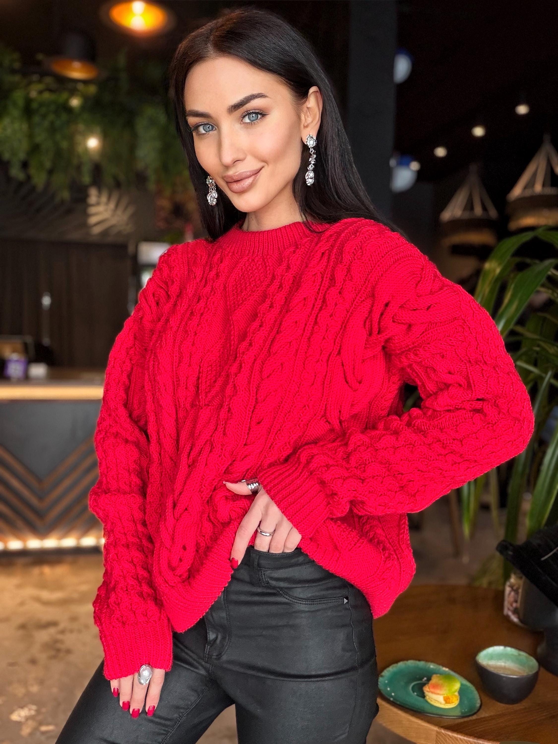 Aran hand knit Red Merino Wool Scandinavian Sweater Chunky knit oversized pullover Oversize crop sweater Women cable knit sweater