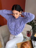 Hand knit organic cotton wool sweater «Leaves» Soft knitted Lilac Pink turtleneck Chunky knit linen pullover High collar jumper