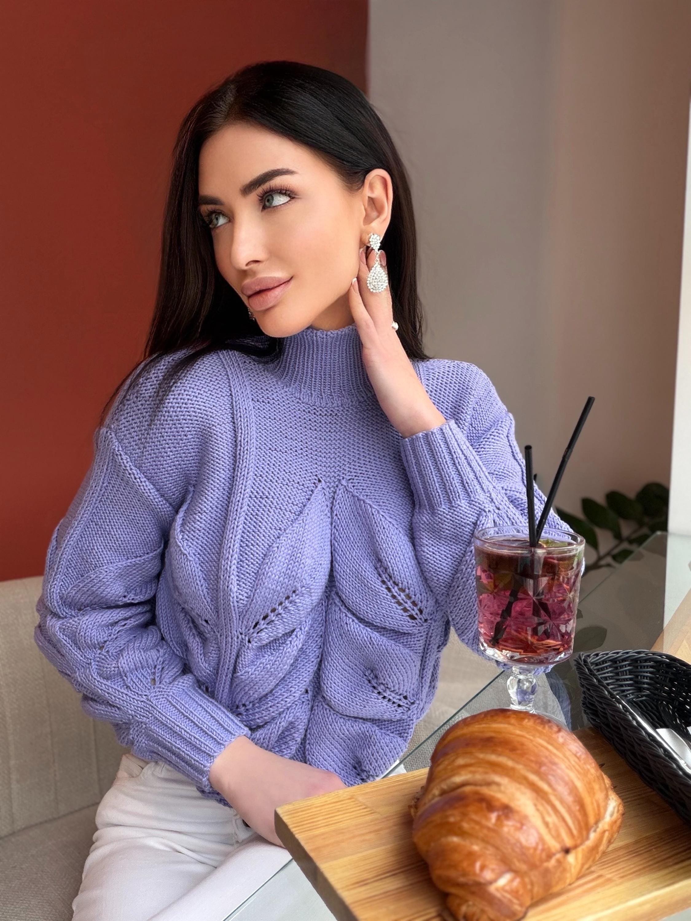 Hand knit organic cotton wool sweater «Leaves» Soft knitted Lilac Pink turtleneck Chunky knit linen pullover High collar jumper