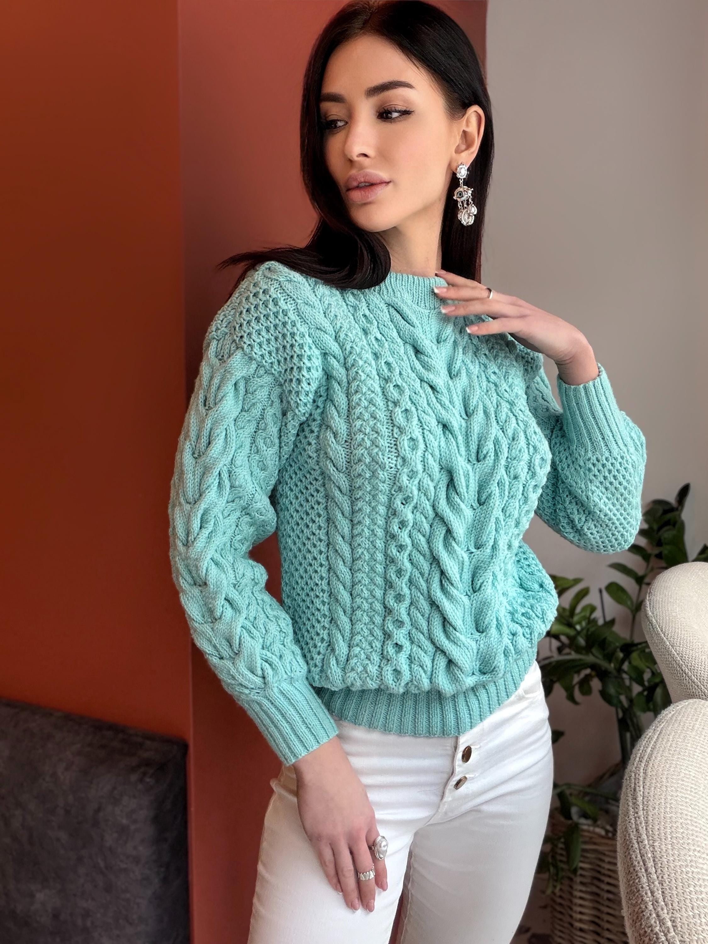 Blue aquamarine knit merino wool sweater women Knitted light blue jumper 7/8 sleeve Cable knitting Loose knit linen oversize pullover