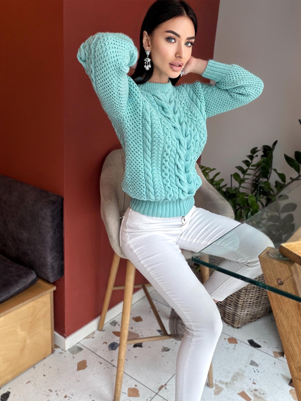 Blue aquamarine knit merino wool sweater women Knitted light blue jumper 7/8 sleeve Cable knitting Loose knit linen oversize pullover