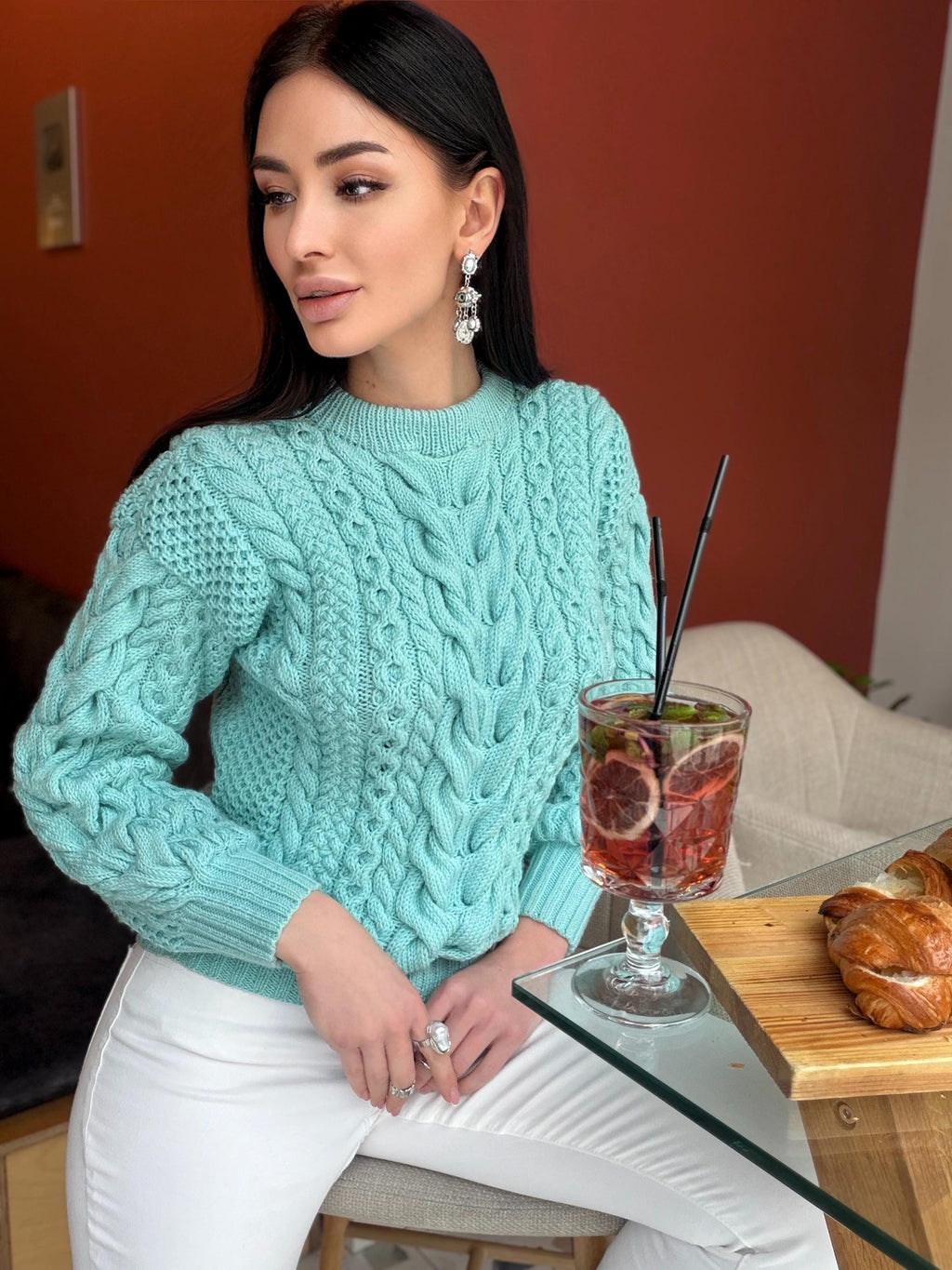 Blue aquamarine knit merino wool sweater women Knitted light blue jumper 7/8 sleeve Cable knitting Loose knit linen oversize pullover