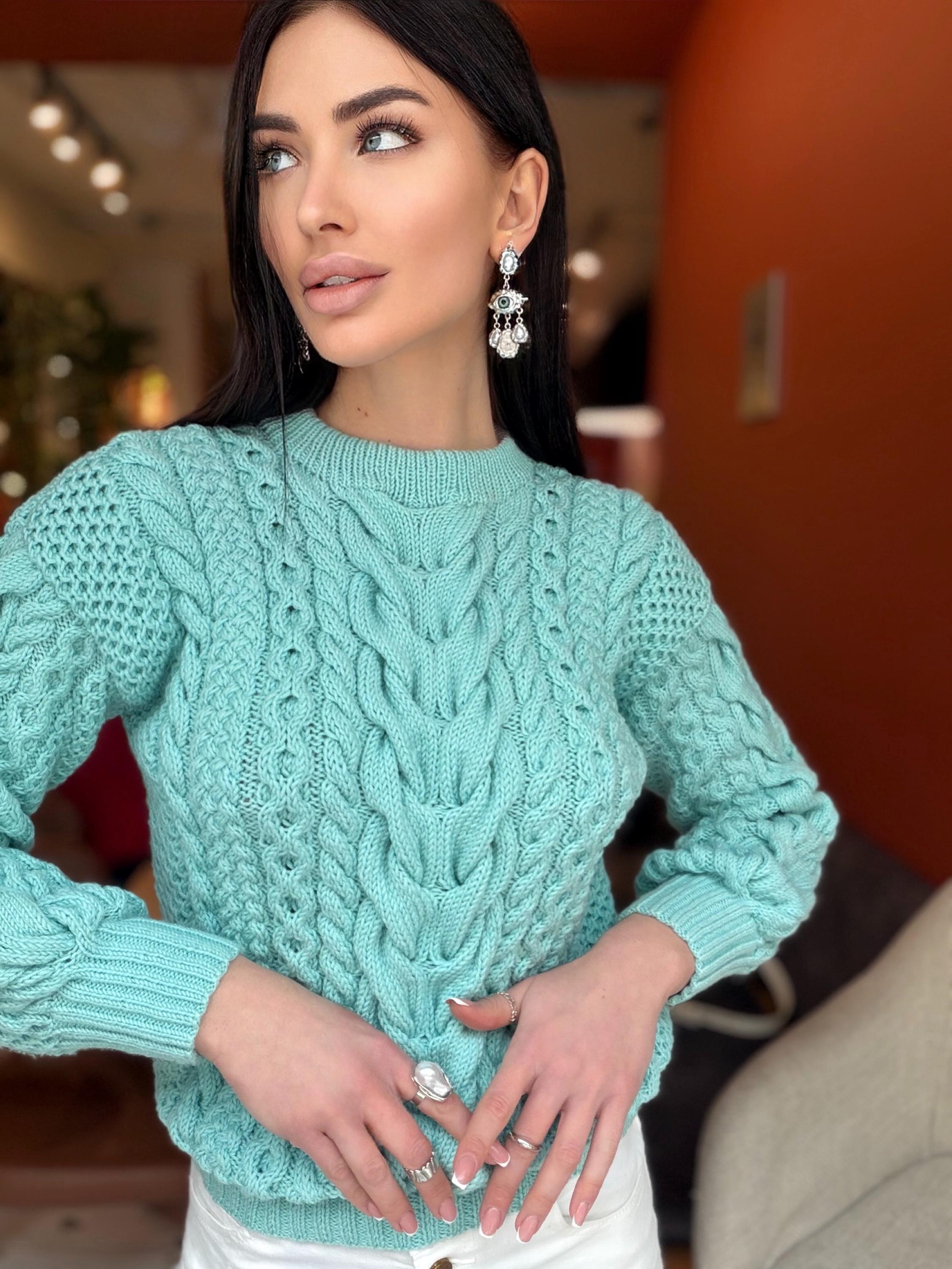 Blue aquamarine knit merino wool sweater women Knitted light blue jumper 7/8 sleeve Cable knitting Loose knit linen oversize pullover