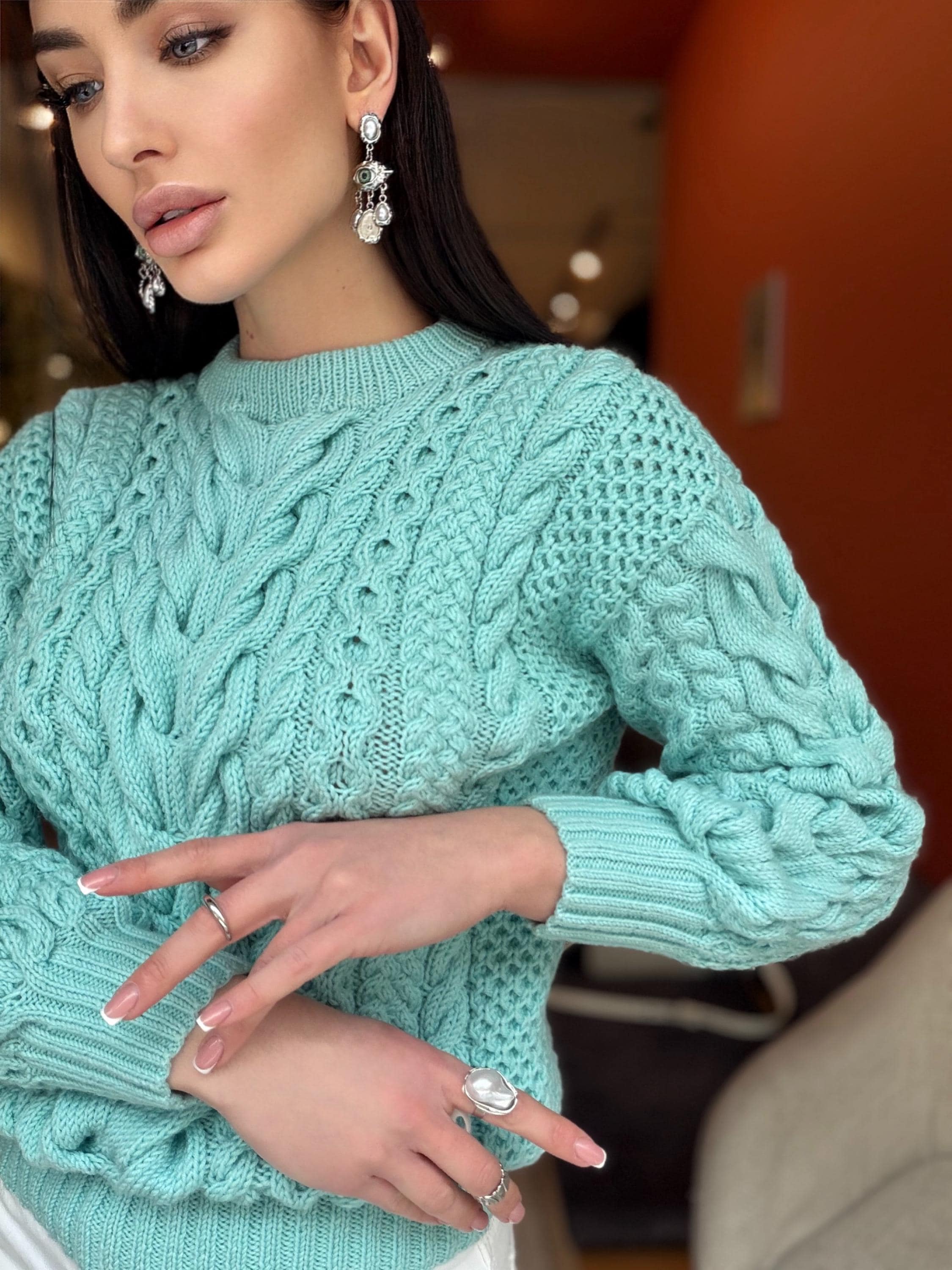 Blue aquamarine knit merino wool sweater women Knitted light blue jumper 7/8 sleeve Cable knitting Loose knit linen oversize pullover