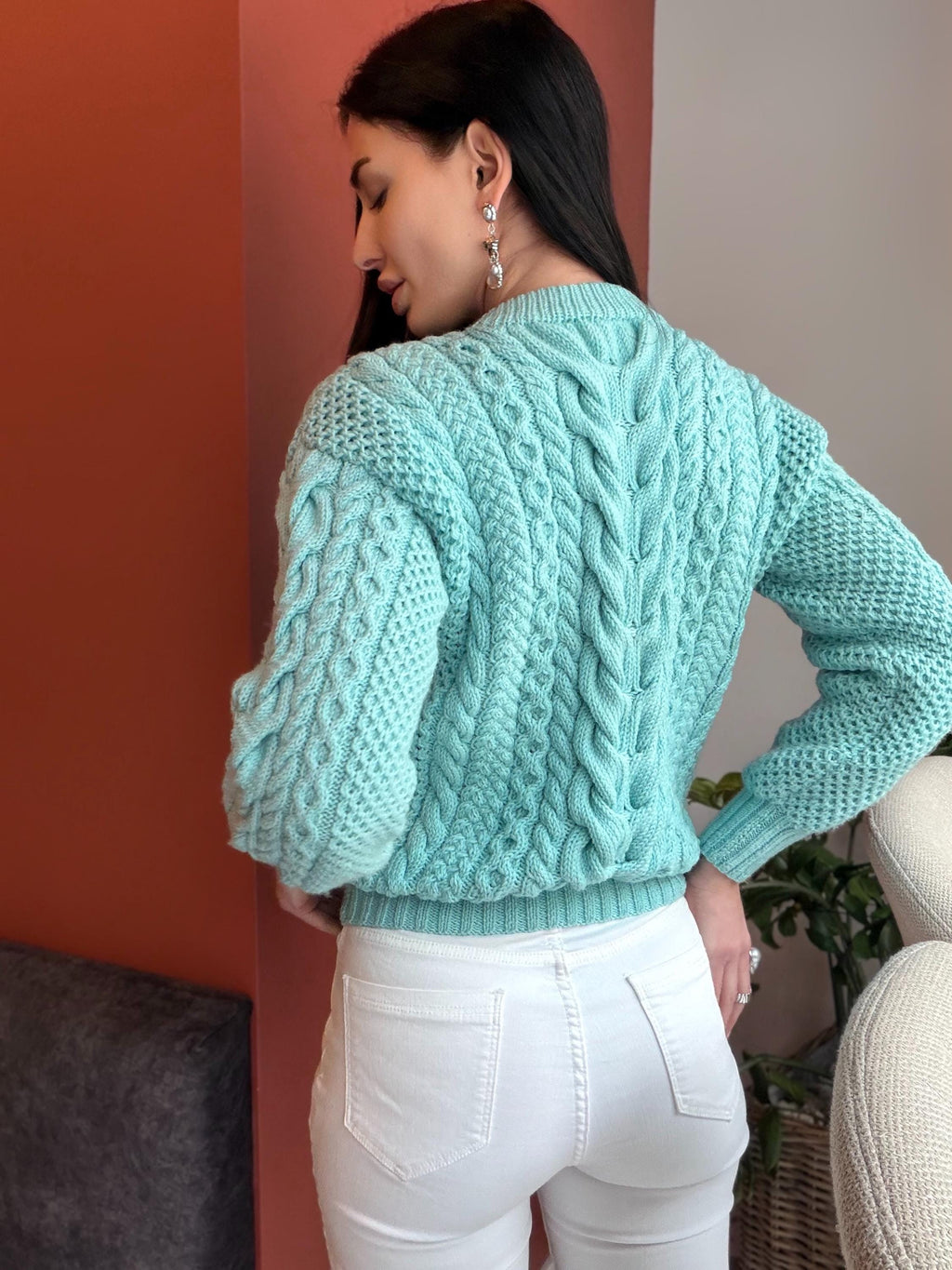Blue aquamarine knit merino wool sweater women Knitted light blue jumper 7/8 sleeve Cable knitting Loose knit linen oversize pullover