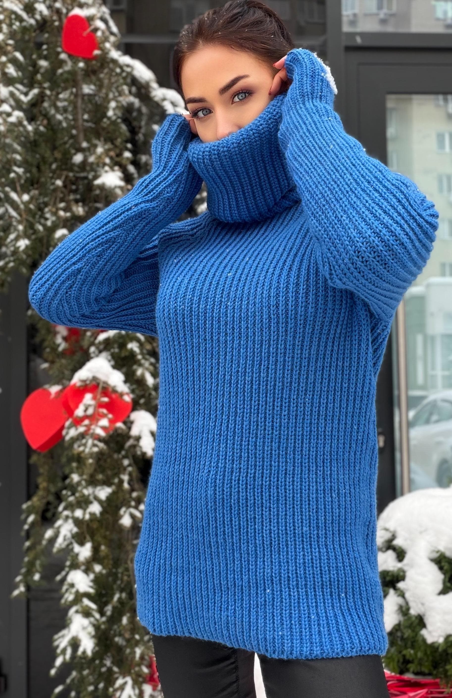 Large chunky knit cotton turtleneck sweater High collar long sleeves pullover Womens Chunky knit sweater dress Plus size