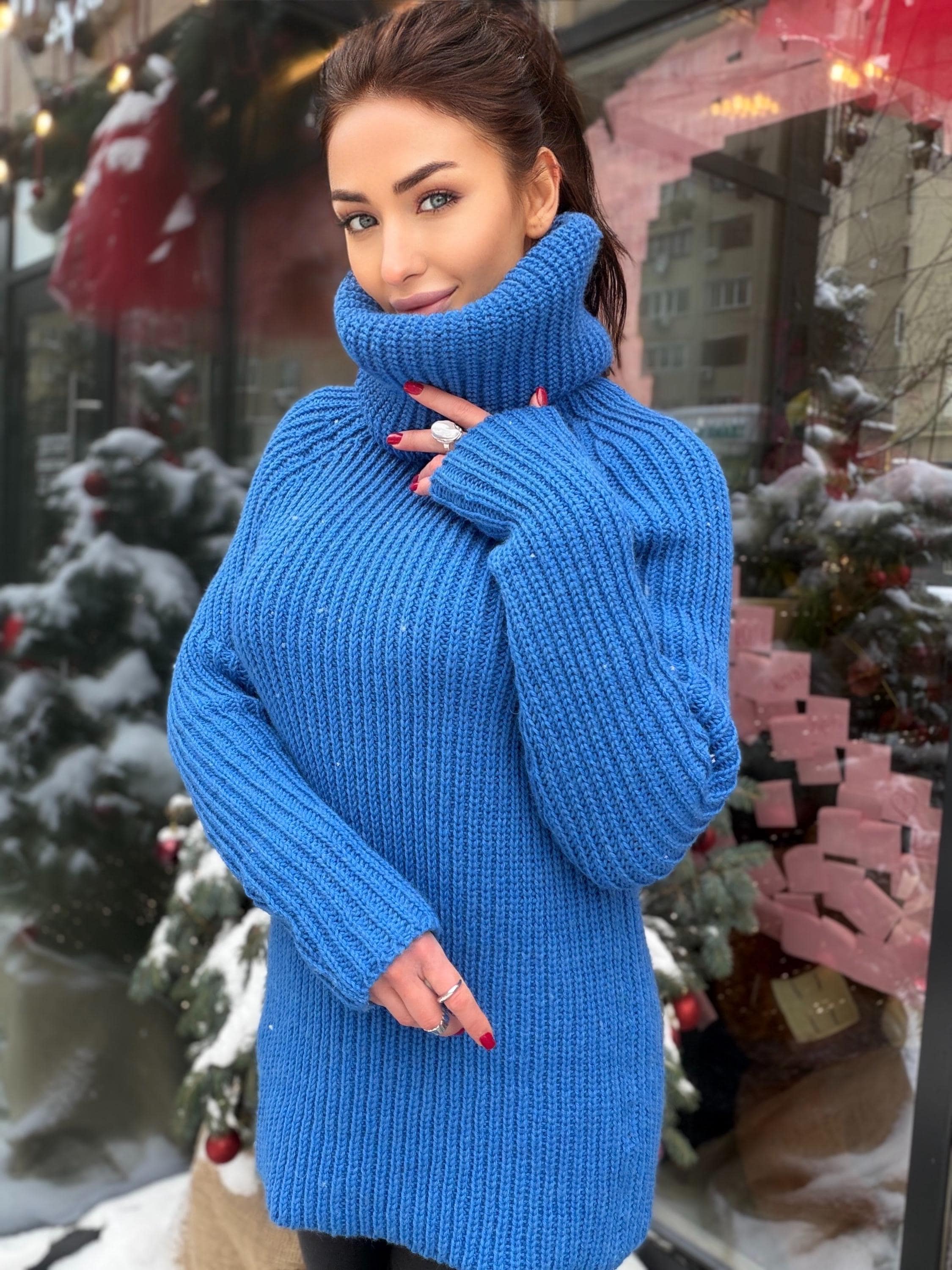Large chunky knit wool sweater turtleneck in blue High collar long sleeves pullover Womens Chunky knit sweater dress Plus size