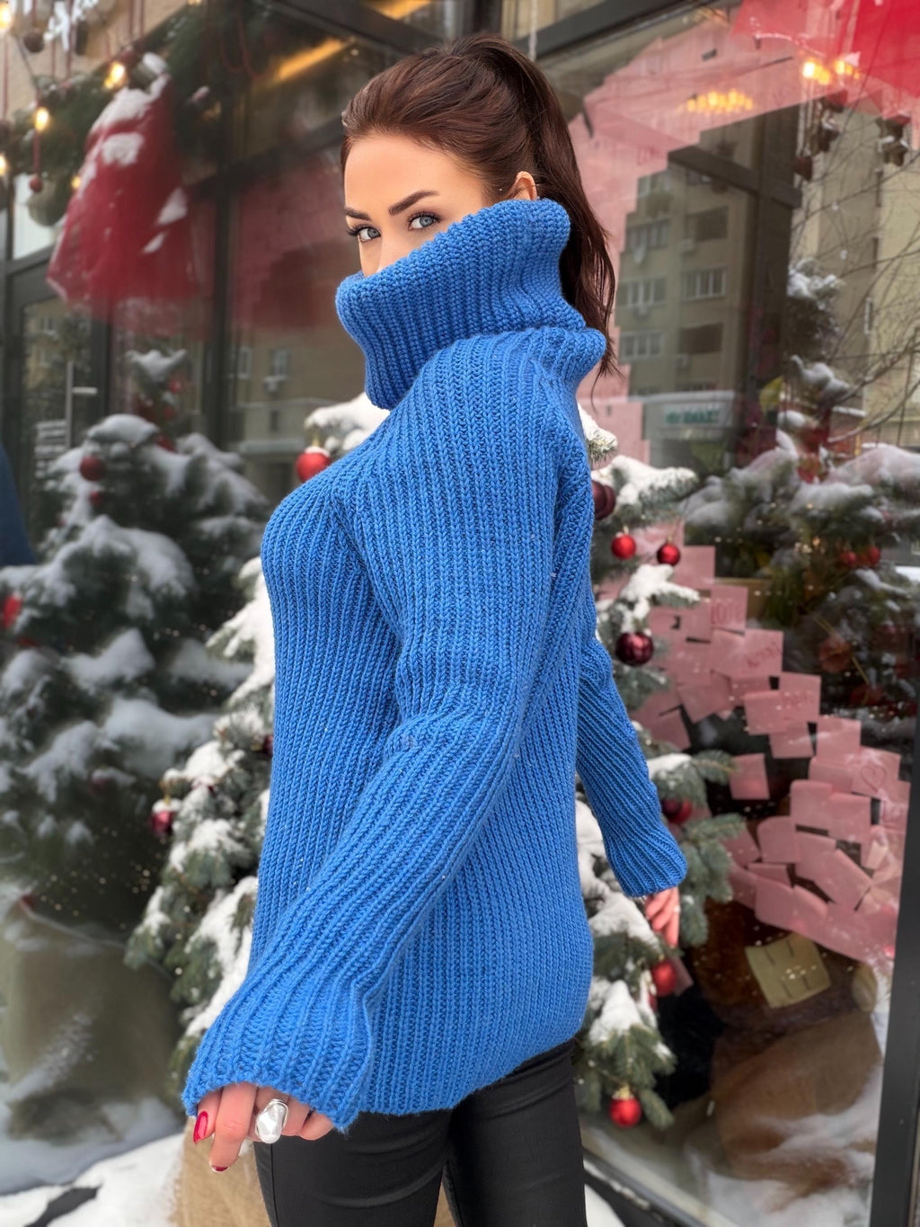 Large chunky knit wool sweater turtleneck in blue High collar long sleeves pullover Womens Chunky knit sweater dress Plus size