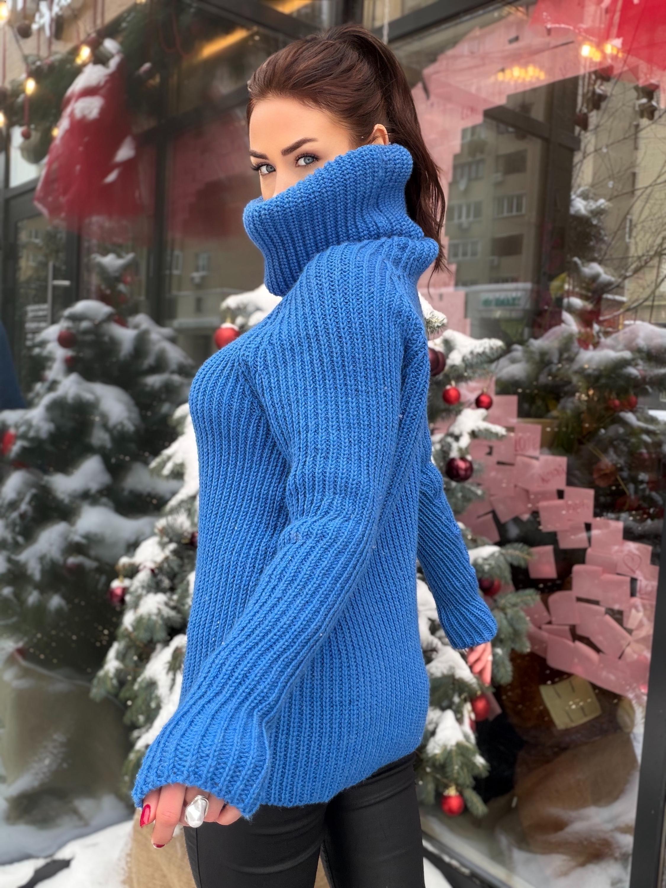 Large chunky knit wool sweater turtleneck in blue High collar long sleeves pullover Womens Chunky knit sweater dress Plus size