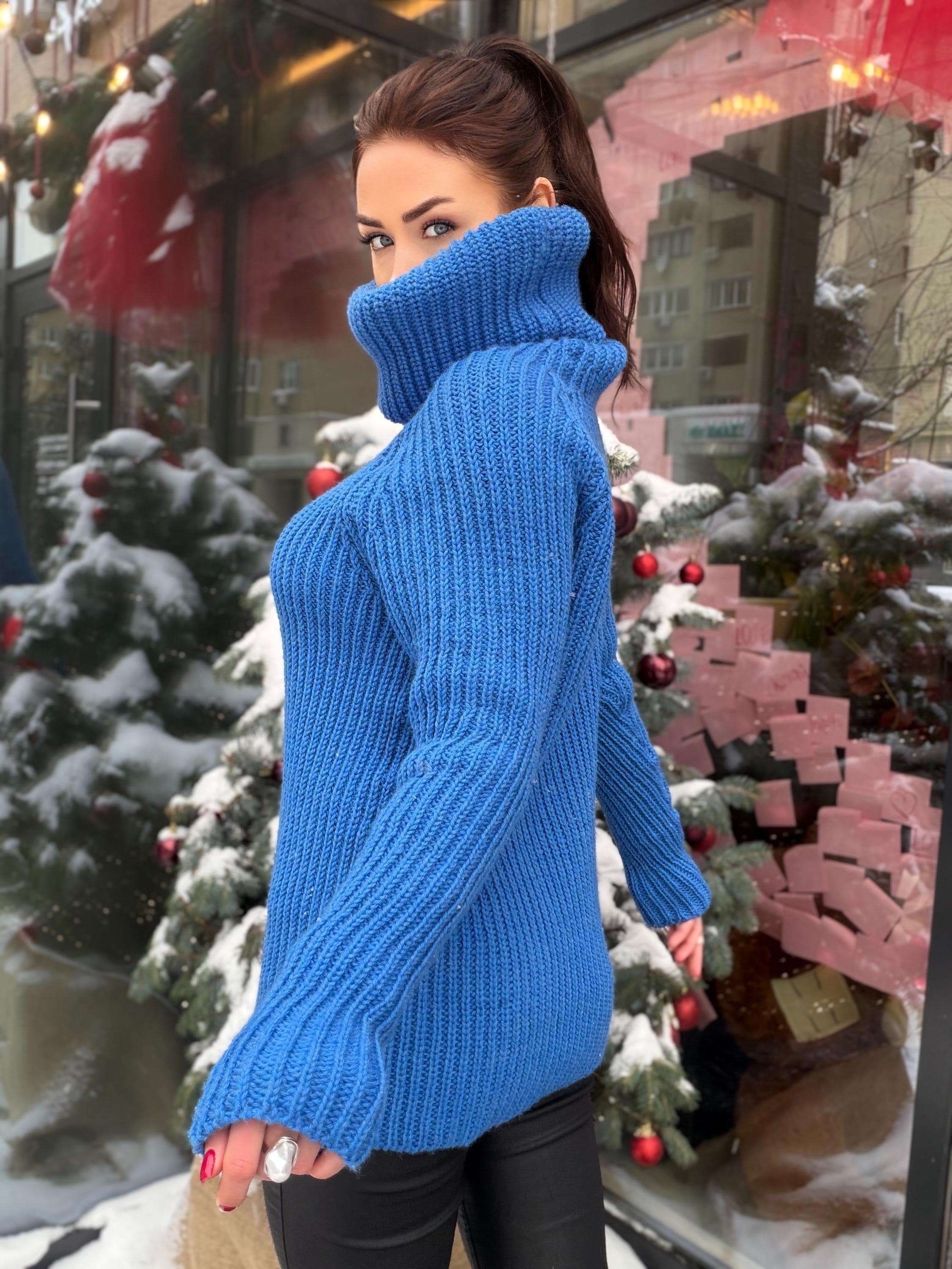 Large chunky knit cotton turtleneck sweater High collar long sleeves pullover Womens Chunky knit sweater dress Plus size
