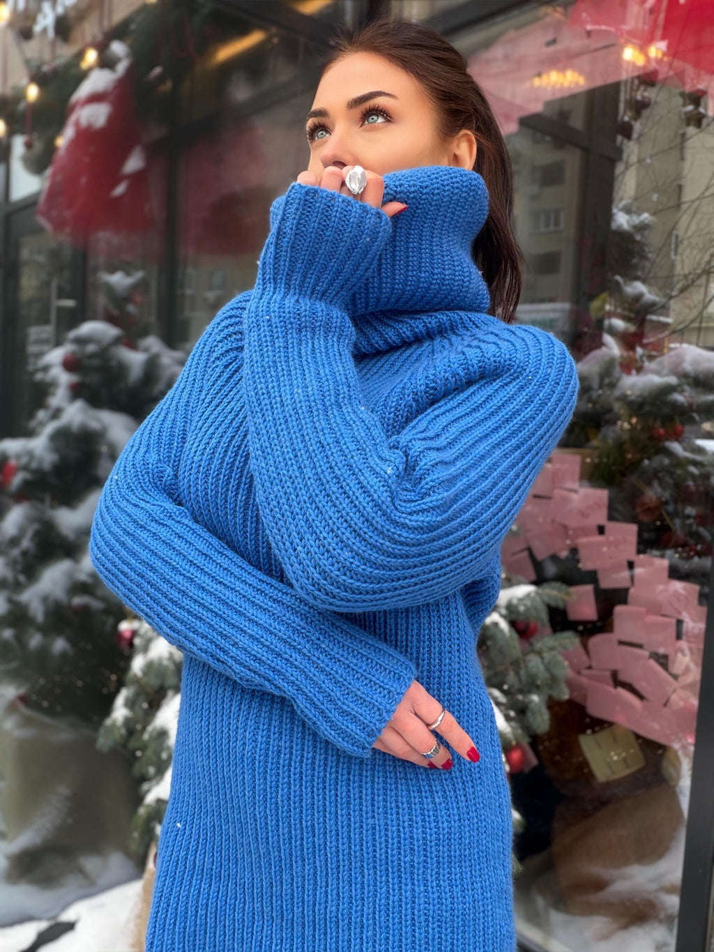 Large chunky knit wool sweater turtleneck in blue High collar long sleeves pullover Womens Chunky knit sweater dress Plus size