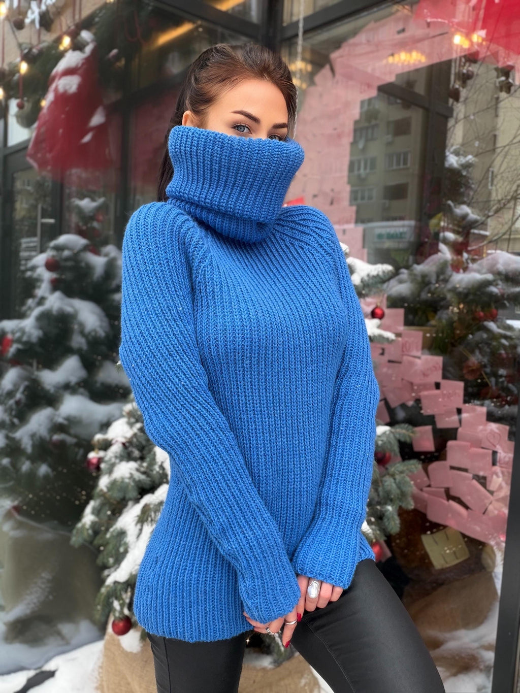 Large chunky knit wool sweater turtleneck in blue High collar long sleeves pullover Womens Chunky knit sweater dress Plus size