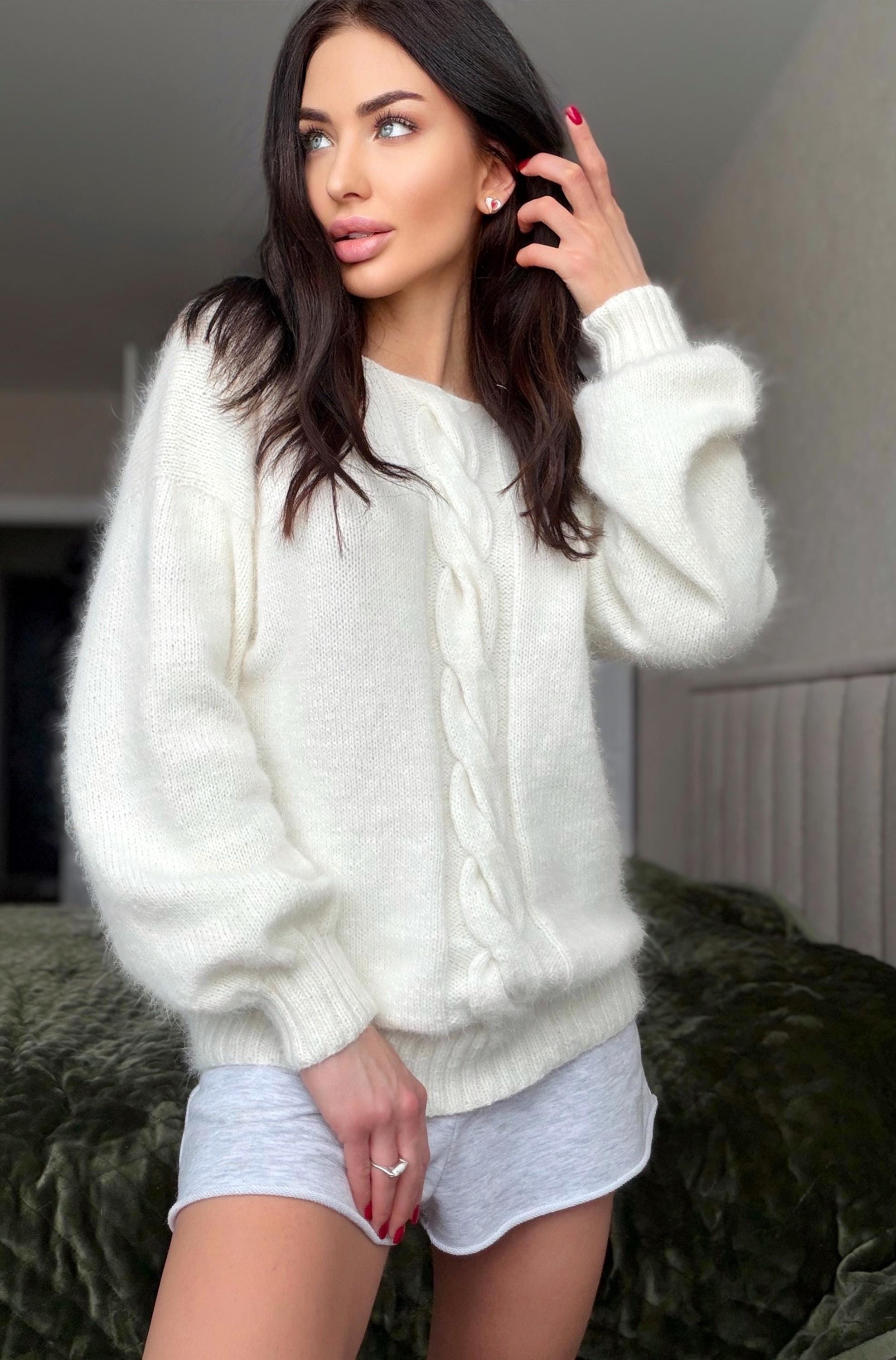 Angora wool knit milk - white sweater Open back Deep neckline hand knit fluffy cozy angora pastel pullover Loose fit oversize V-neck