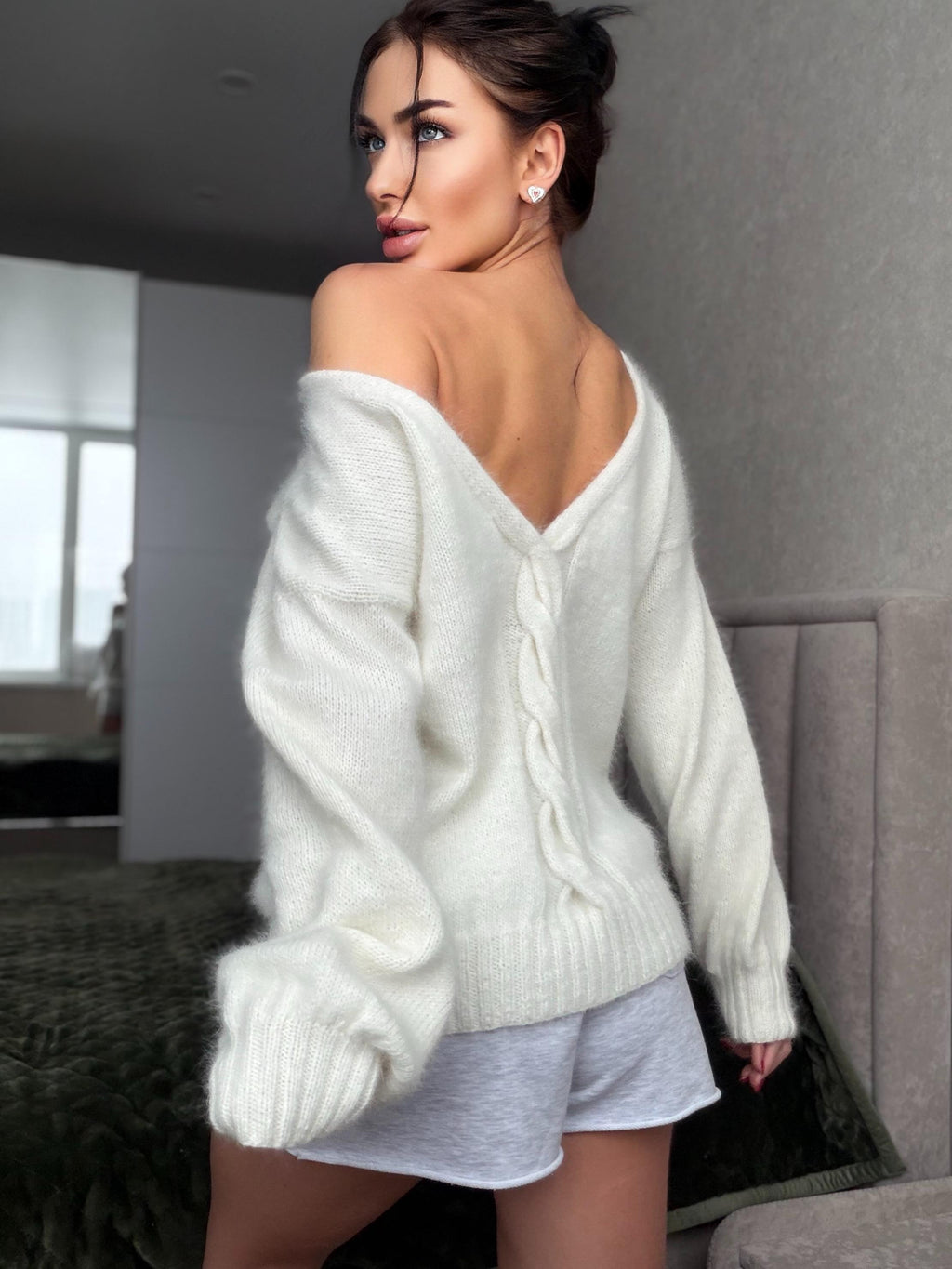 Angora wool knit milk - white sweater Open back Deep neckline hand knit fluffy cozy angora pastel pullover Loose fit oversize V-neck