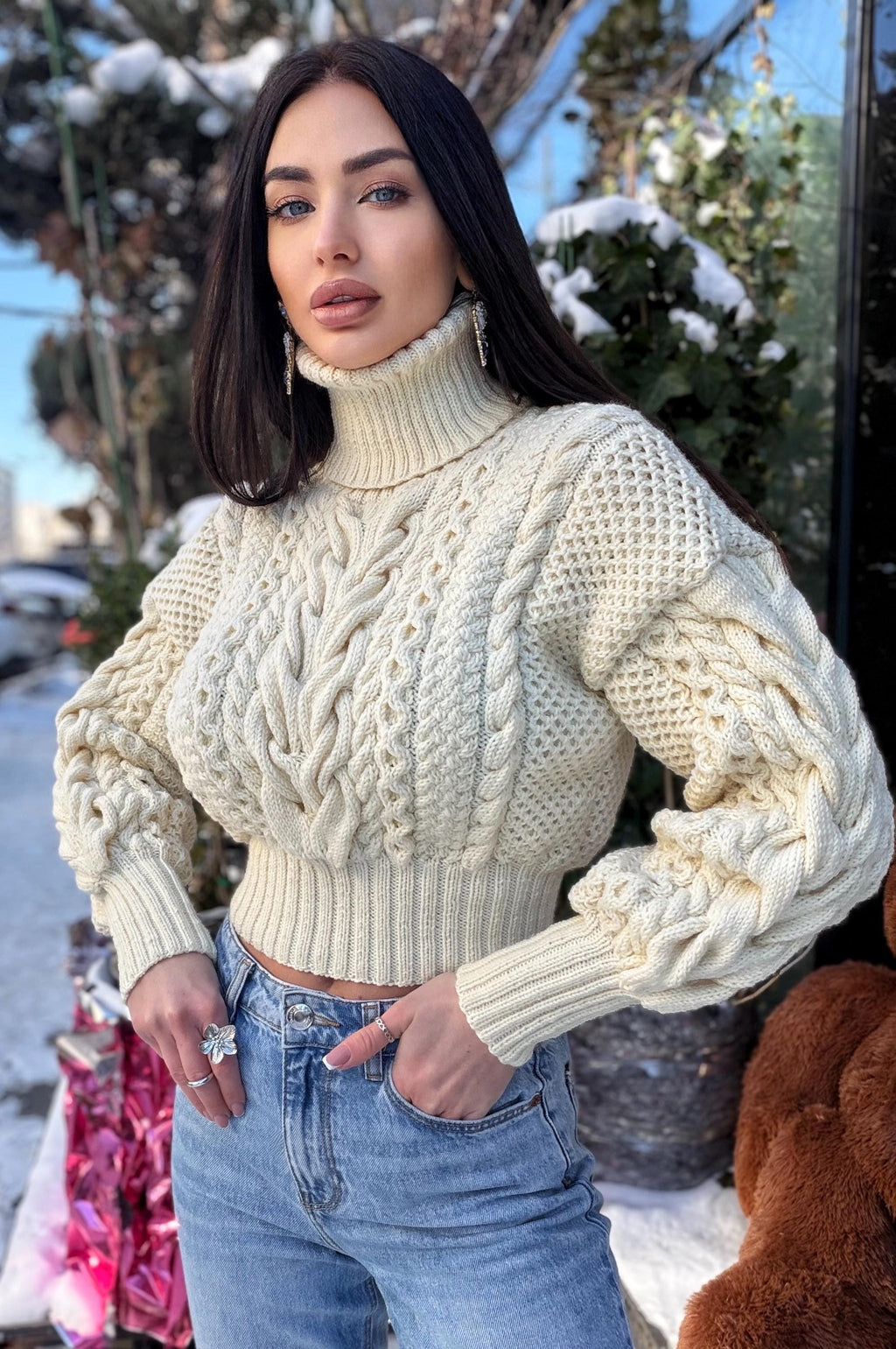 Cropped handmade white milk cream 100% merino wool aran sweater turtleneck Chunky Knit Pullover Womens Cable knit merino wool winter jumper