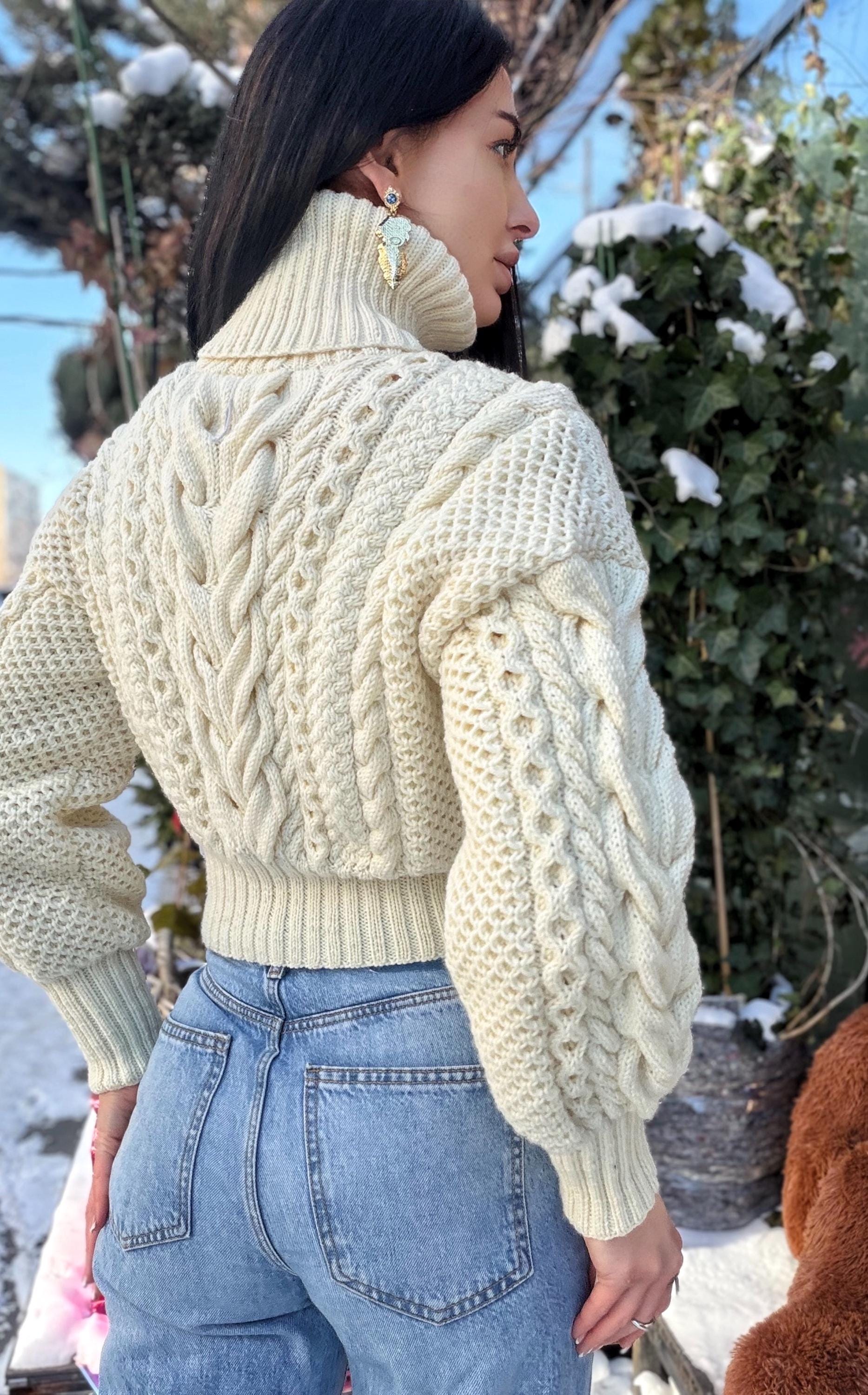 Cropped handmade white milk cream 100% merino wool aran sweater turtleneck Chunky Knit Pullover Womens Cable knit merino wool winter jumper