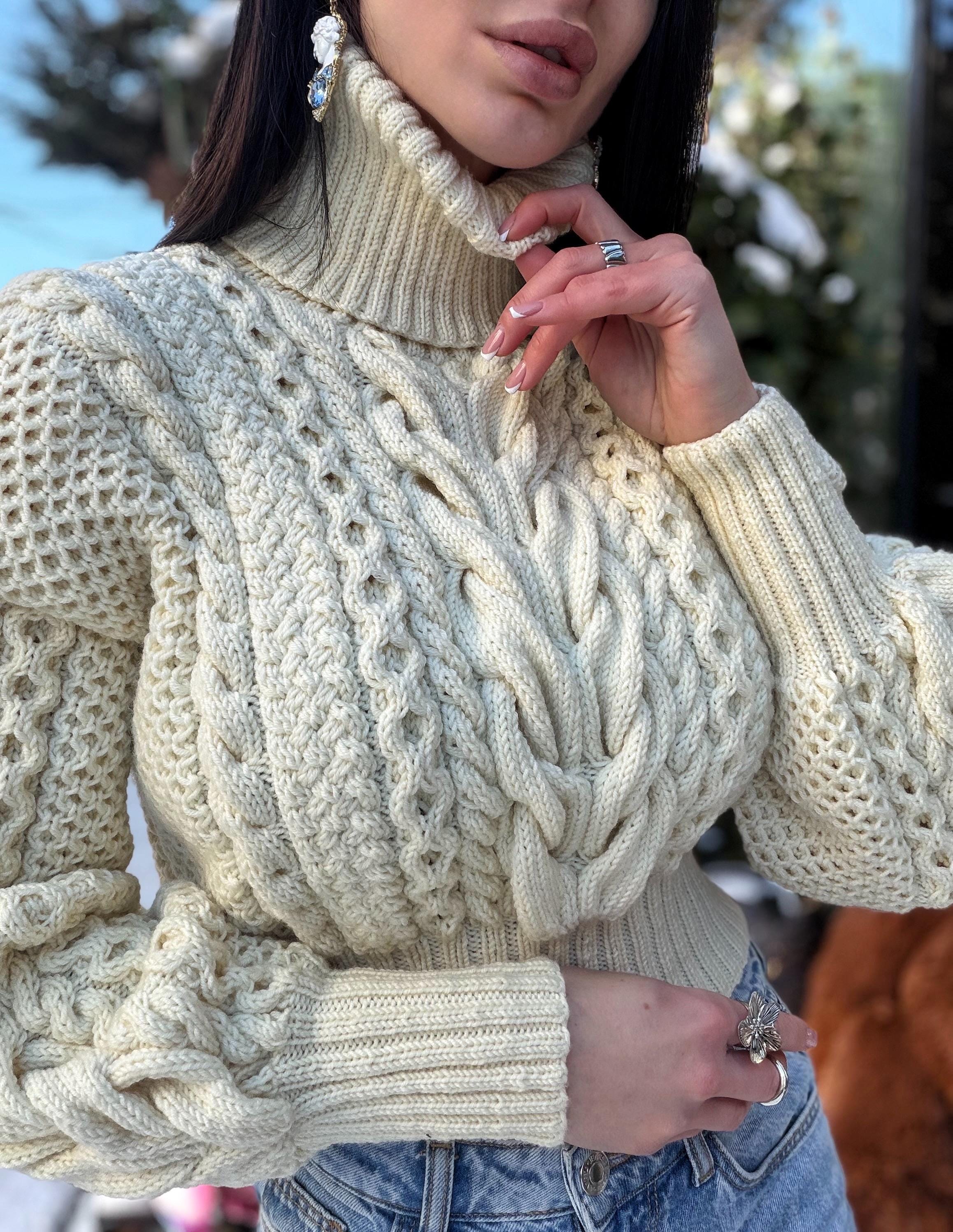Cropped handmade white milk cream 100% merino wool aran sweater turtleneck Chunky Knit Pullover Womens Cable knit merino wool winter jumper