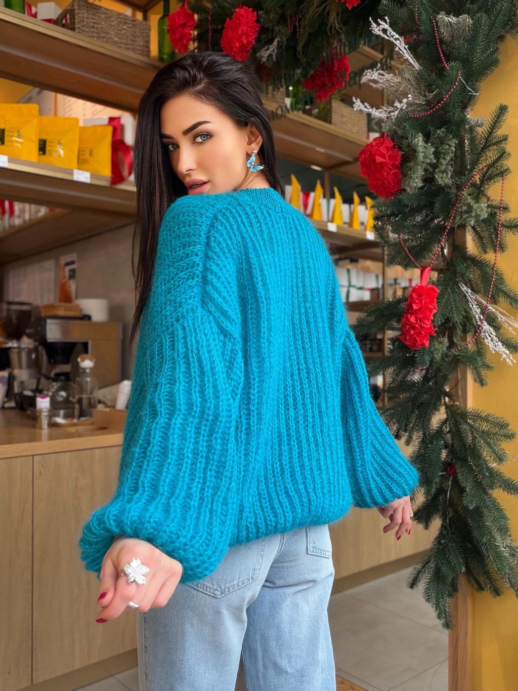 Knit cropped mohair Azure blue cardigan Hand knit bolero Wedding Cardigan Wool fluffy cape Bridal jackets hawl Knitted jacket