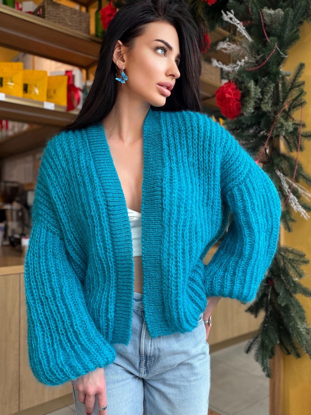 Knit cropped mohair Azure blue cardigan Hand knit bolero Wedding Cardigan Wool fluffy cape Bridal jackets hawl Knitted jacket