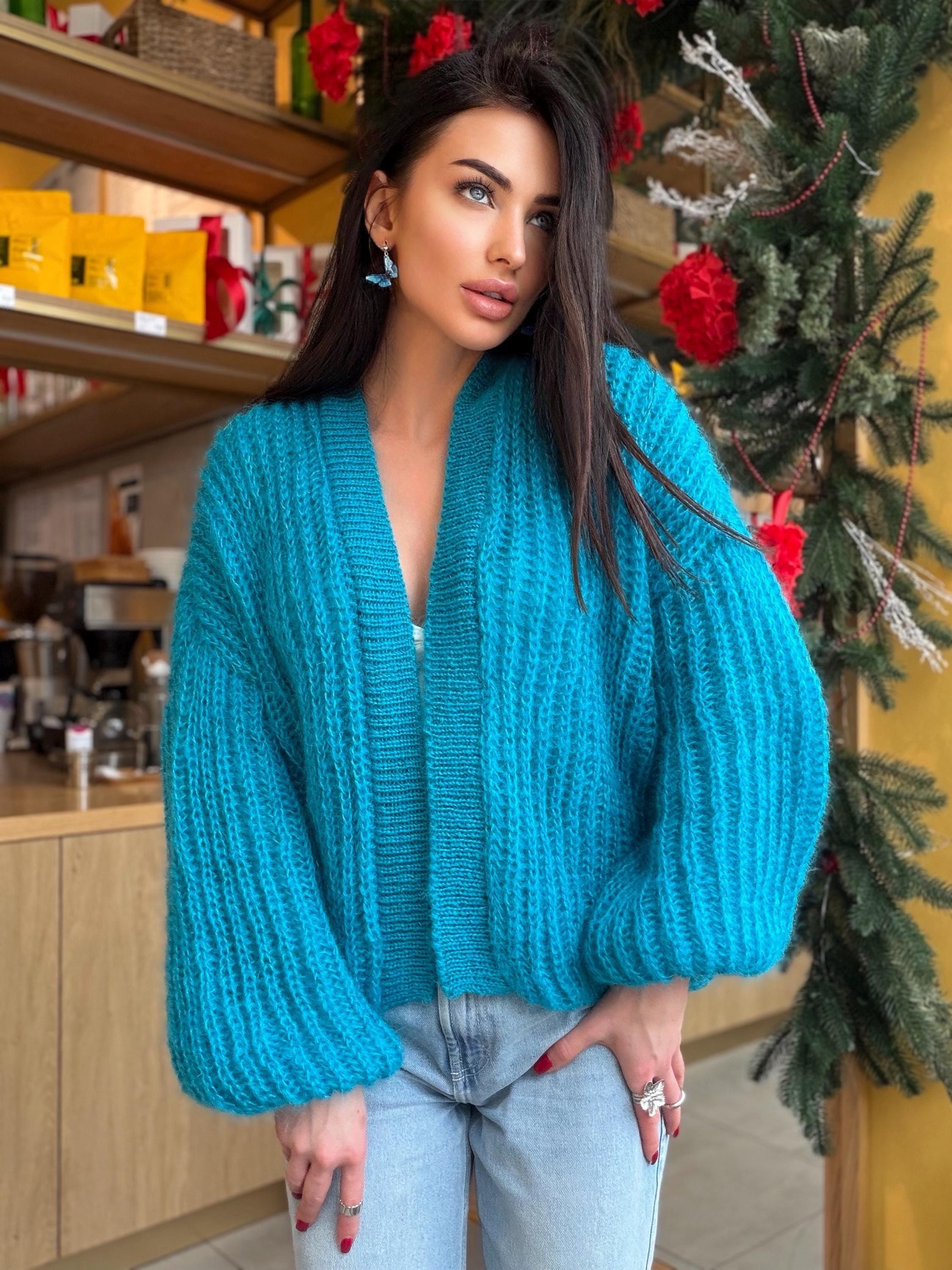 Knit cropped mohair Azure blue cardigan Hand knit bolero Wedding Cardigan Wool fluffy cape Bridal jackets hawl Knitted jacket