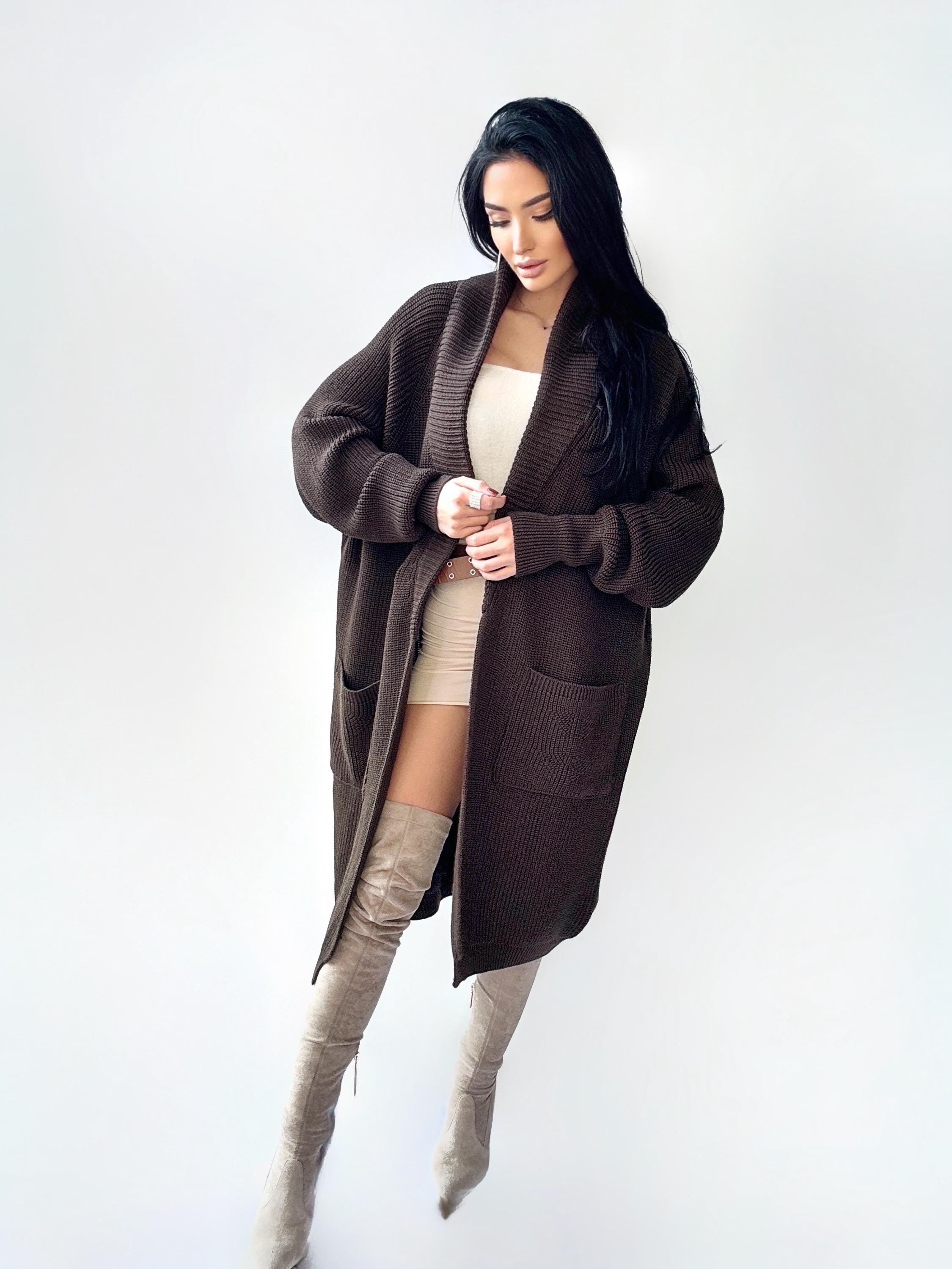 Chunky knit merino wool Midi cardigan Chocolate Brown maxi knit cardigan Long oversized coat Cardigan cable knit coat Cocoon knit coat