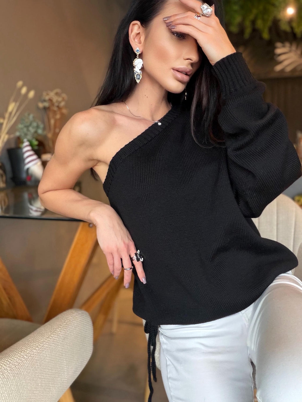 One sleeve one shoulde knit wool sweater top for womens Off shoulder sweater Cropped wool cotton pullover top oversized