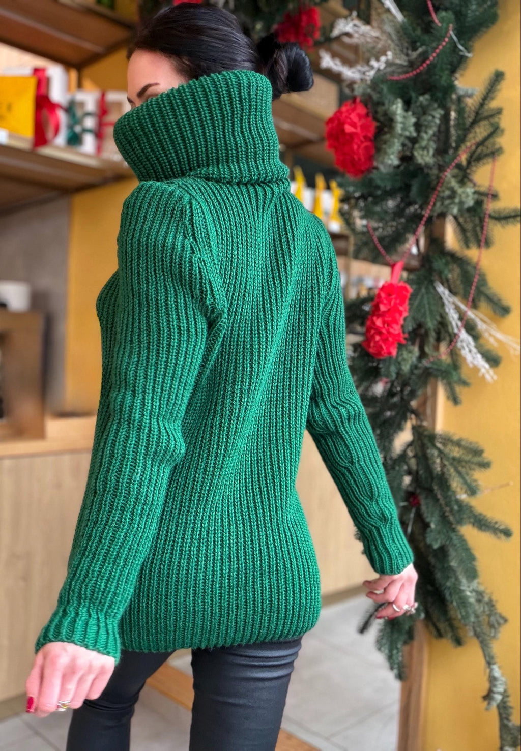 Large merino wool Emerald green big high collar long sleeves turtleneck sweater dress Chunky knit wool pullover womens Knitted fall sweater