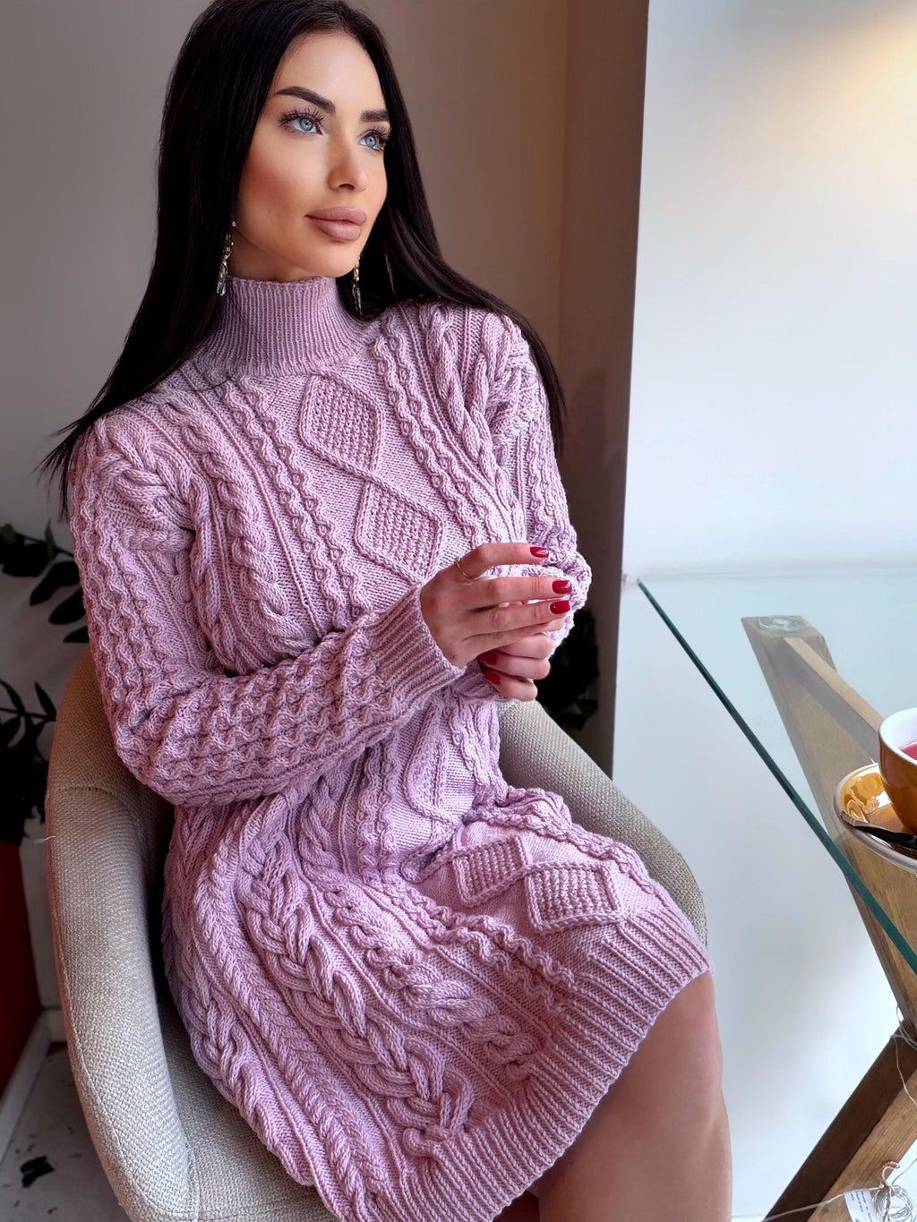 Merino wool hand knit light lilac sweater dress turtleneck Cable knit large sweater Oversize cozy knit dress high collar Women Chunky knit