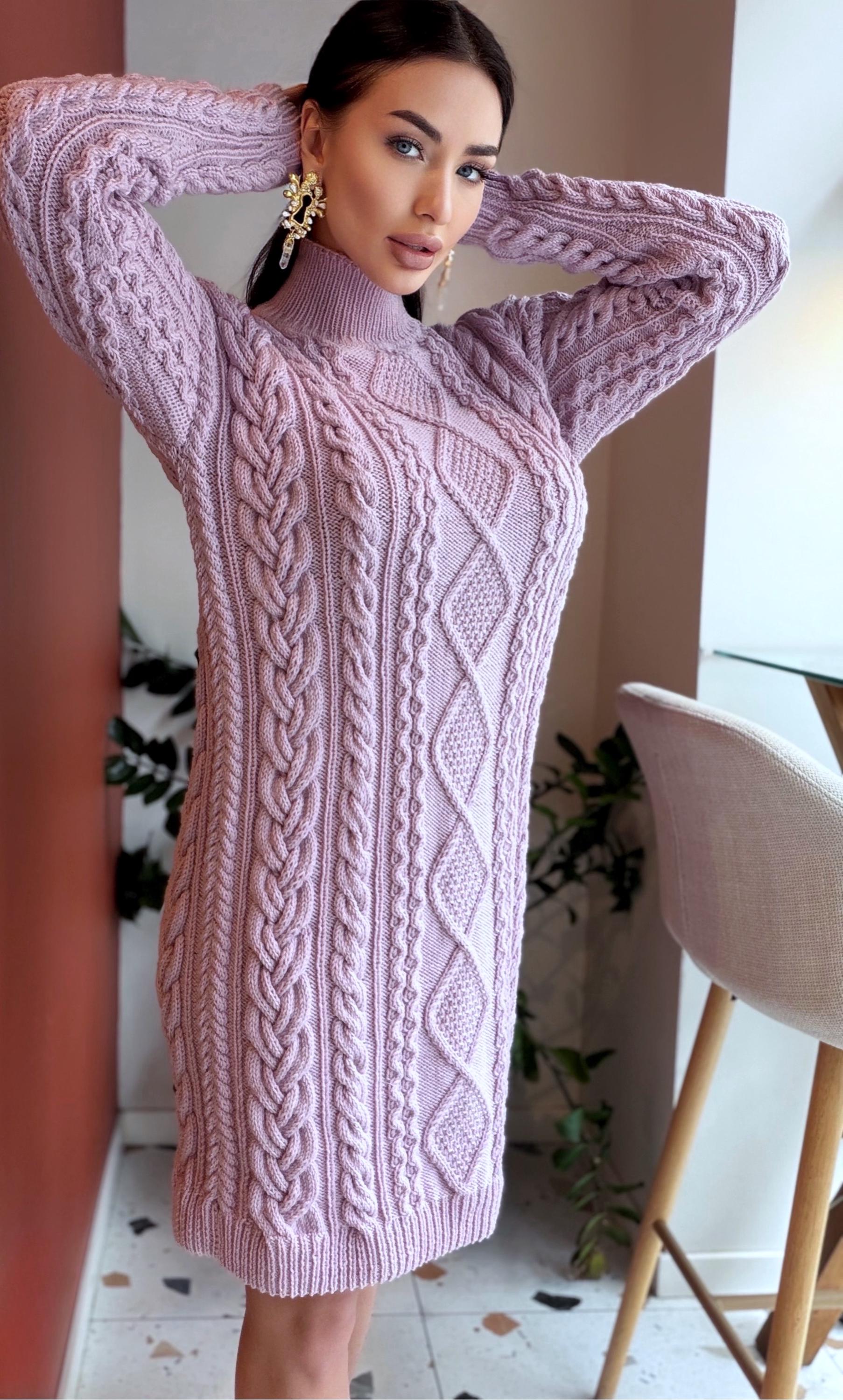 Merino wool hand knit light lilac sweater dress turtleneck Cable knit large sweater Oversize cozy knit dress high collar Women Chunky knit