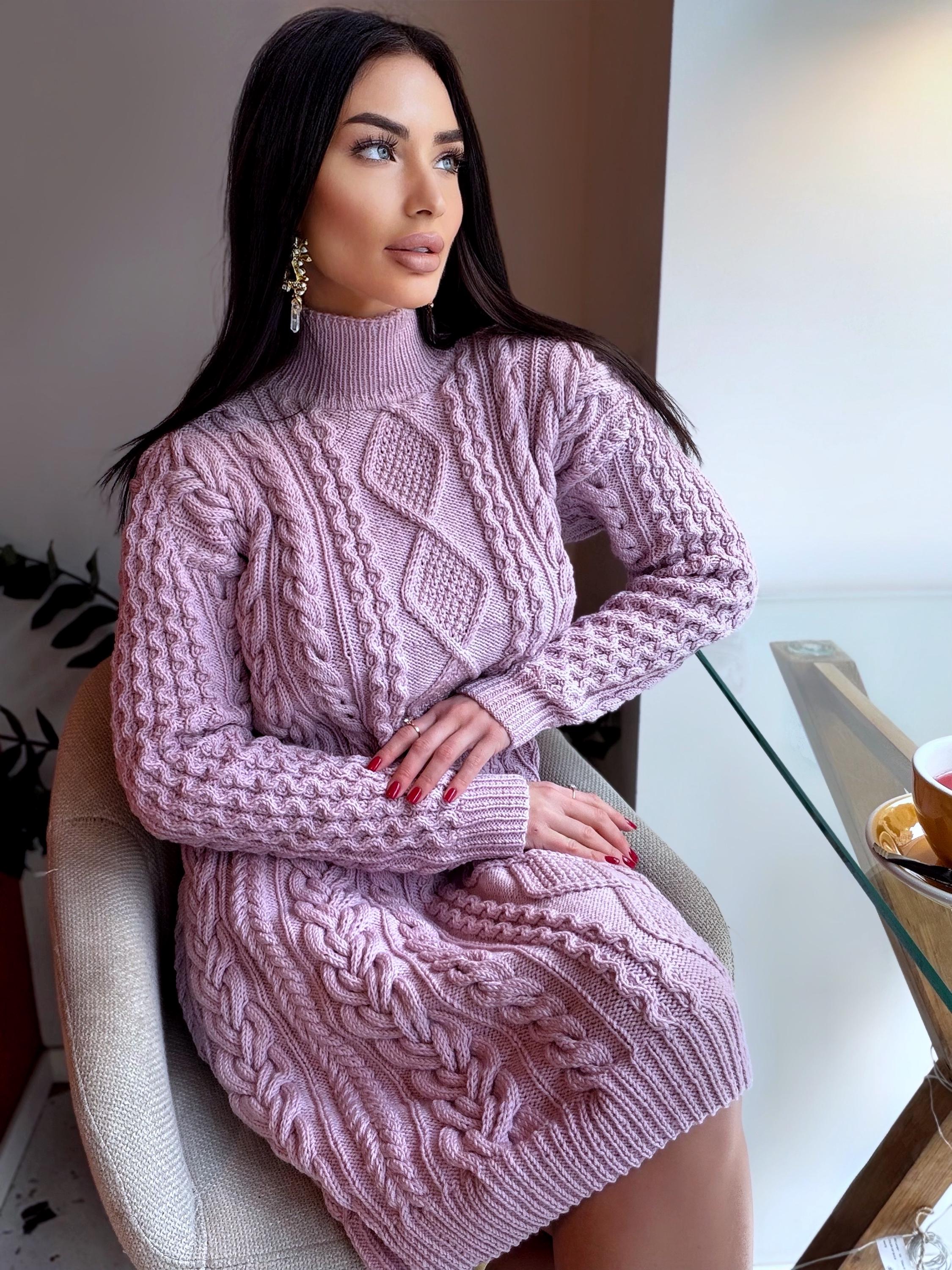 Merino wool hand knit light lilac sweater dress turtleneck Cable knit large sweater Oversize cozy knit dress high collar Women Chunky knit