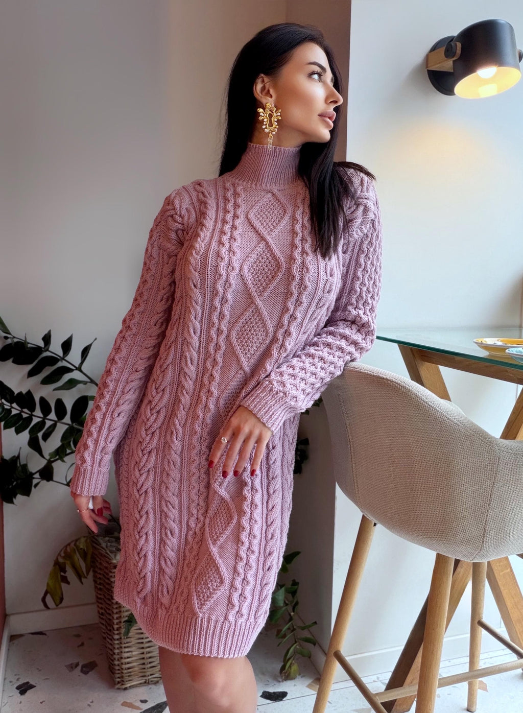Merino wool hand knit light lilac sweater dress turtleneck Cable knit large sweater Oversize cozy knit dress high collar Women Chunky knit