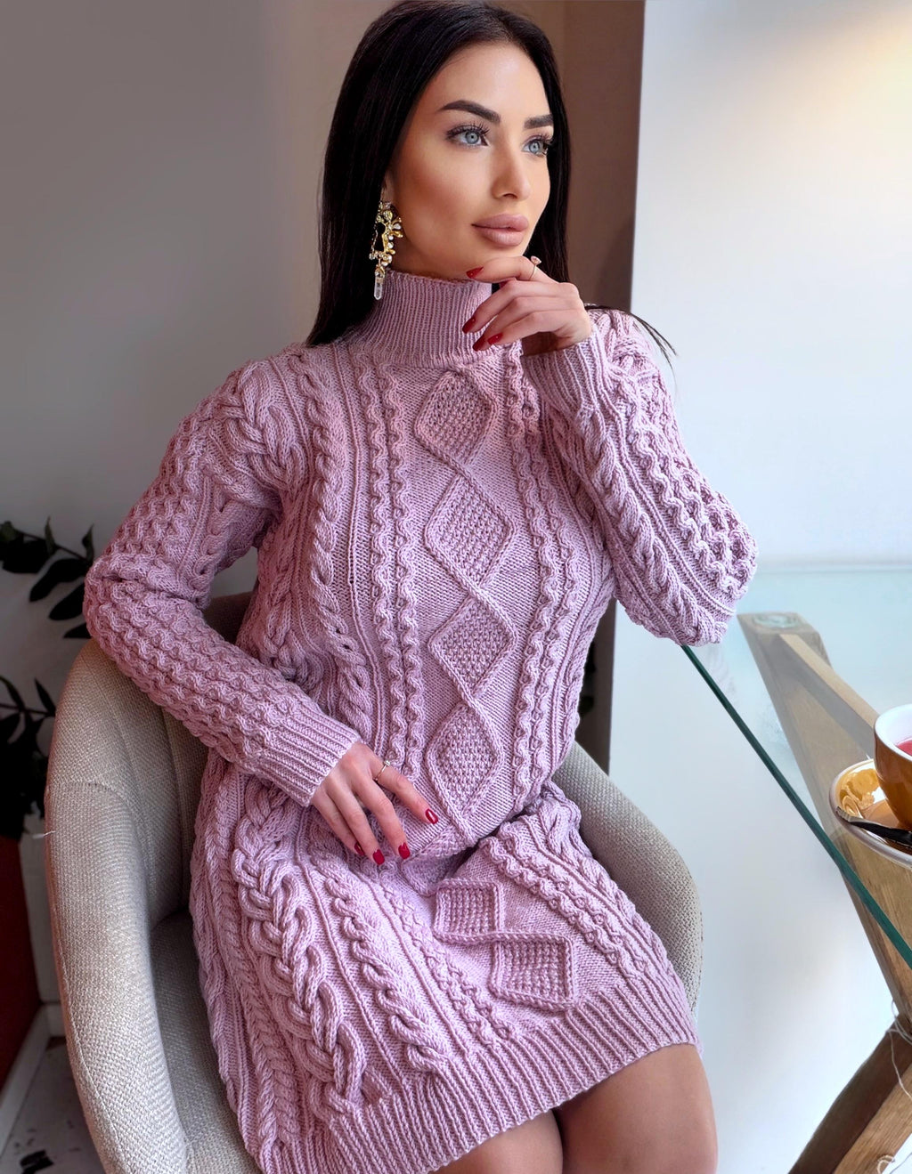 Merino wool hand knit light lilac sweater dress turtleneck Cable knit large sweater Oversize cozy knit dress high collar Women Chunky knit