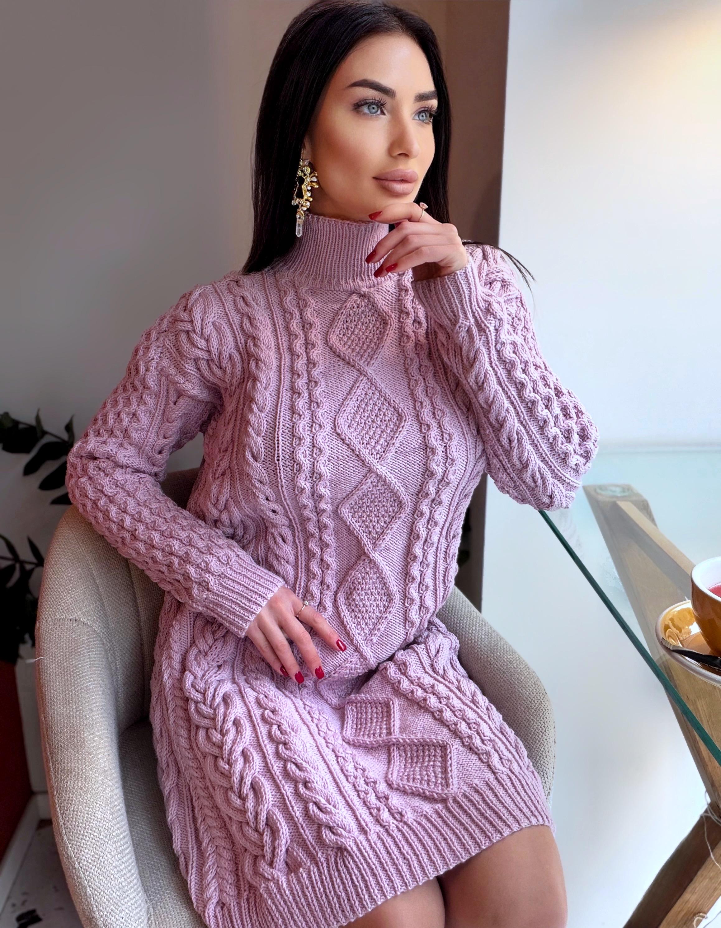 Merino wool hand knit light lilac sweater dress turtleneck Cable knit large sweater Oversize cozy knit dress high collar Women Chunky knit