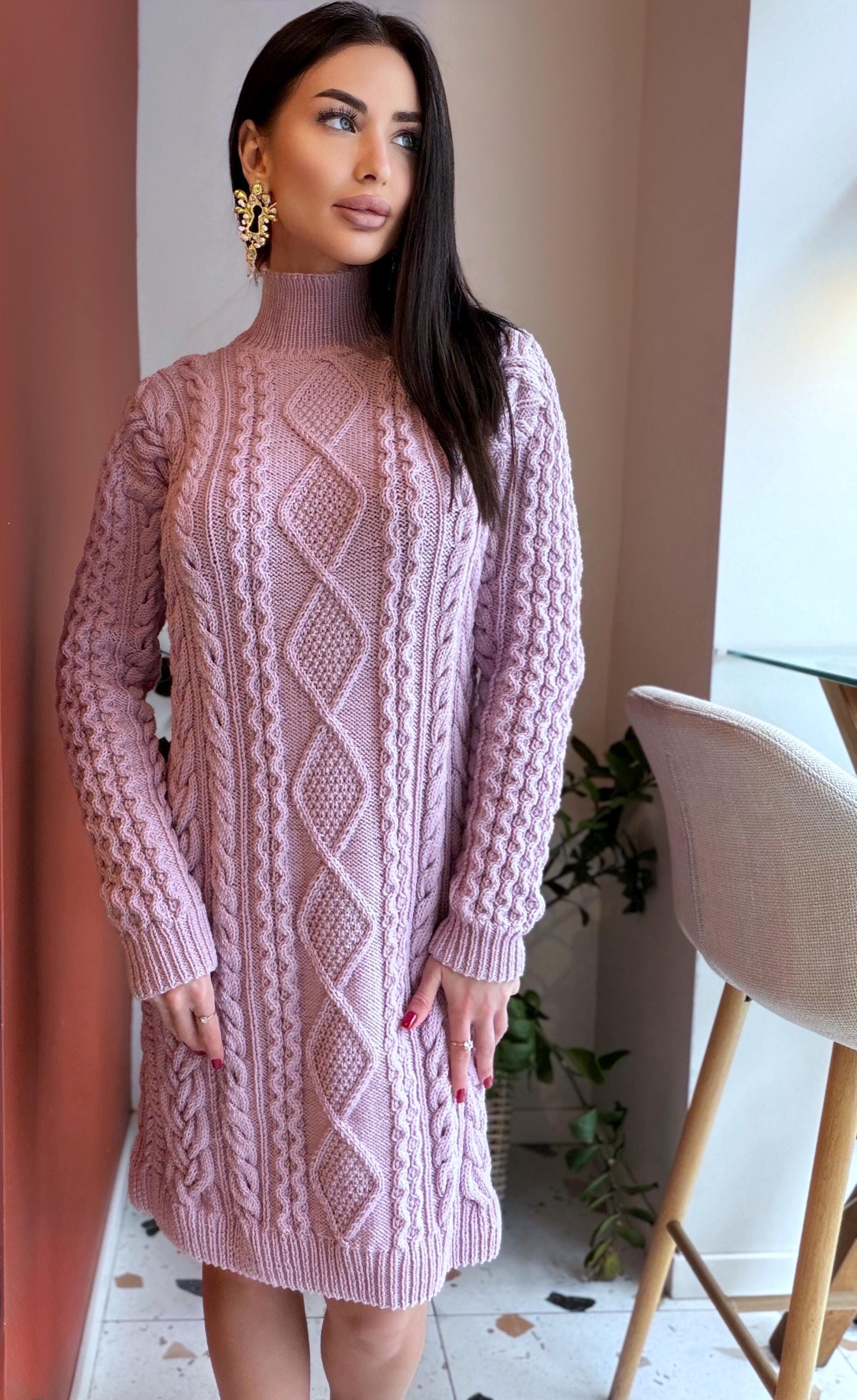 Merino wool hand knit light lilac sweater dress turtleneck Cable knit large sweater Oversize cozy knit dress high collar Women Chunky knit