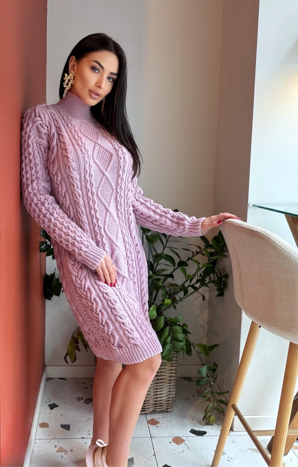 Merino wool hand knit light lilac sweater dress turtleneck Cable knit large sweater Oversize cozy knit dress high collar Women Chunky knit