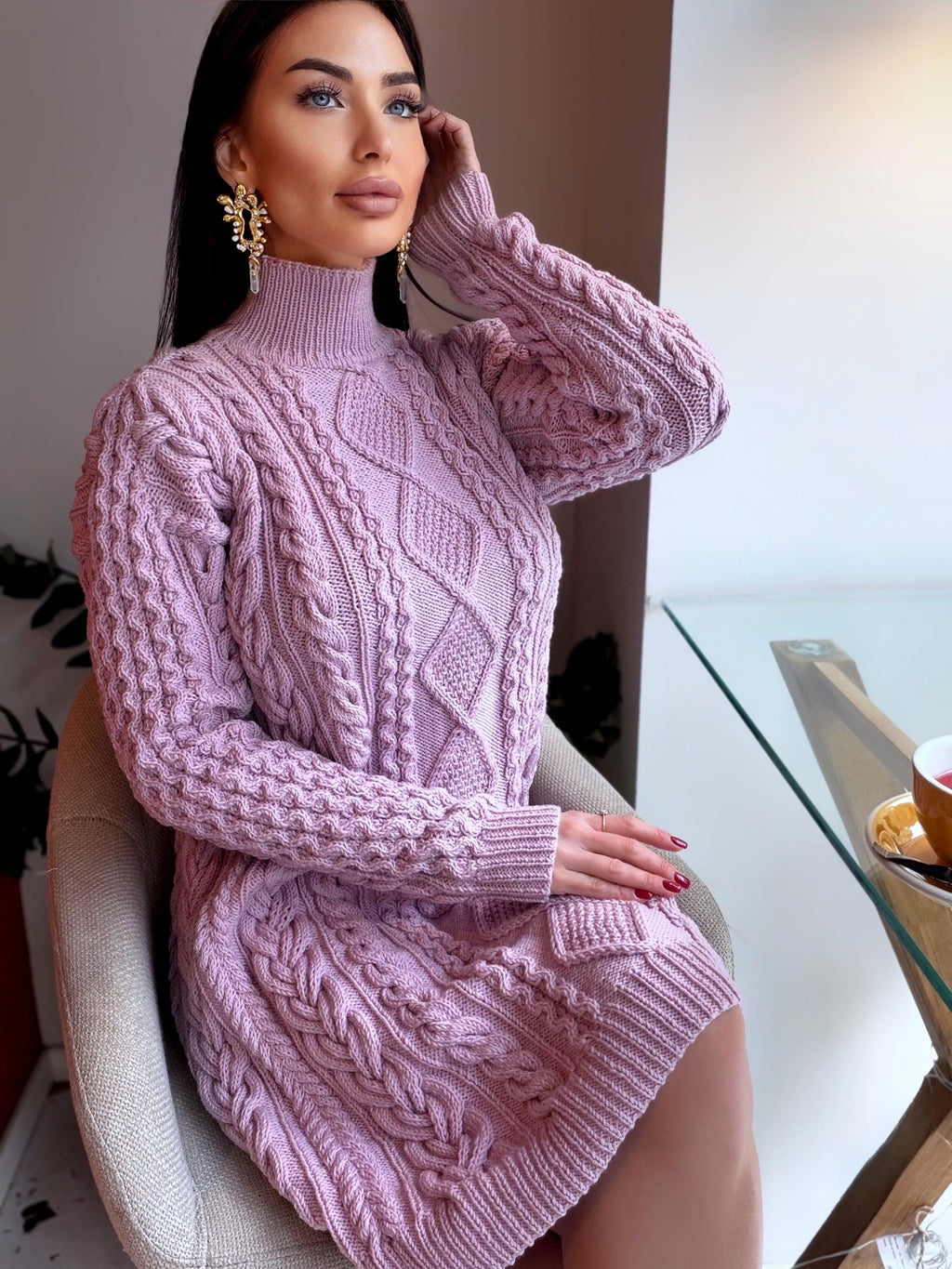 Merino wool hand knit light lilac sweater dress turtleneck Cable knit large sweater Oversize cozy knit dress high collar Women Chunky knit