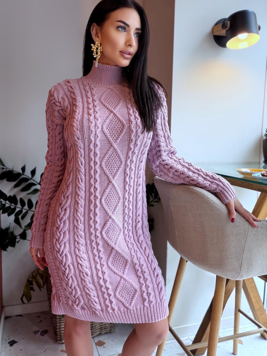 Merino wool hand knit light lilac sweater dress turtleneck Cable knit large sweater Oversize cozy knit dress high collar Women Chunky knit
