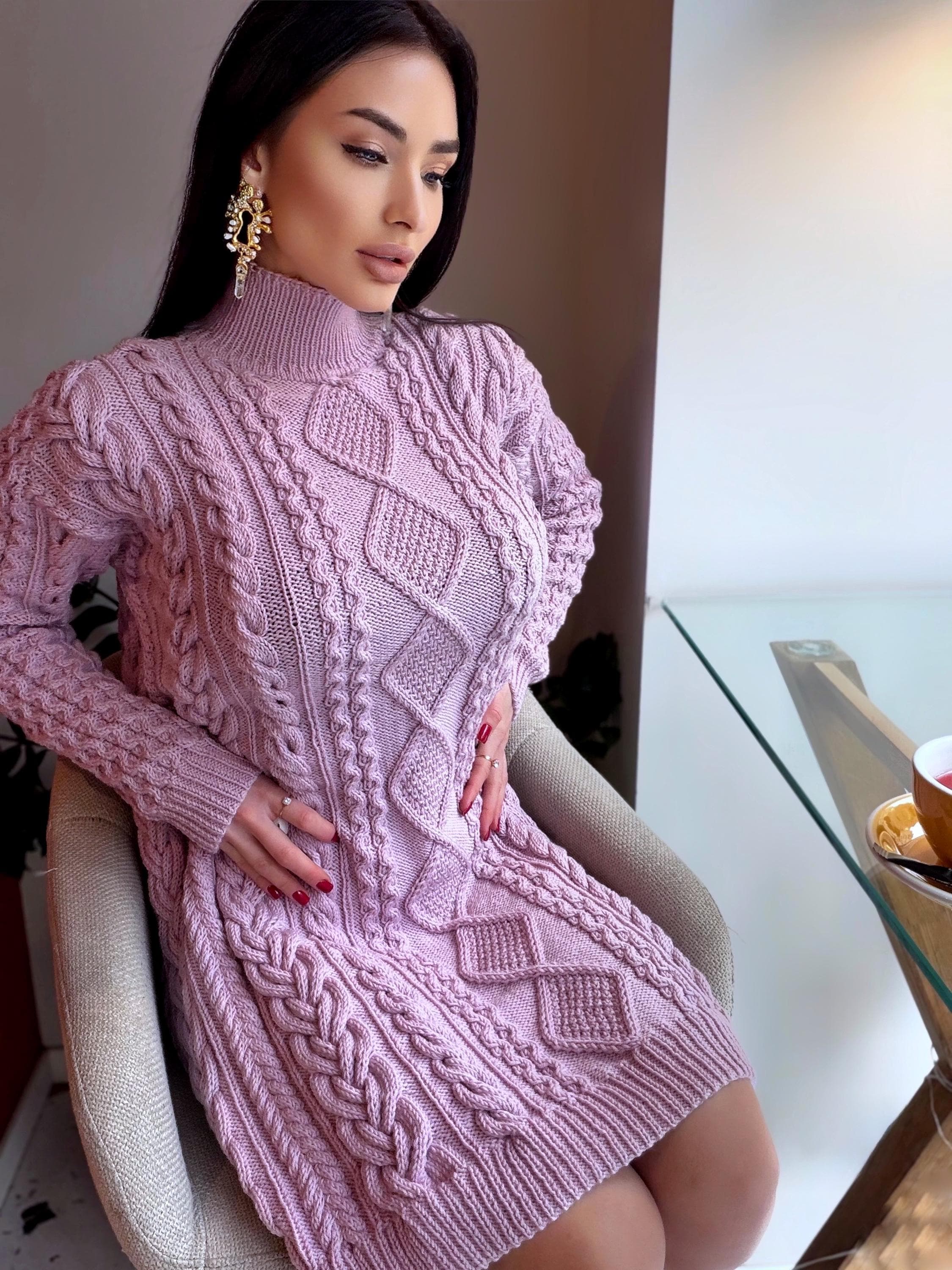 Merino wool hand knit light lilac sweater dress turtleneck Cable knit large sweater Oversize cozy knit dress high collar Women Chunky knit