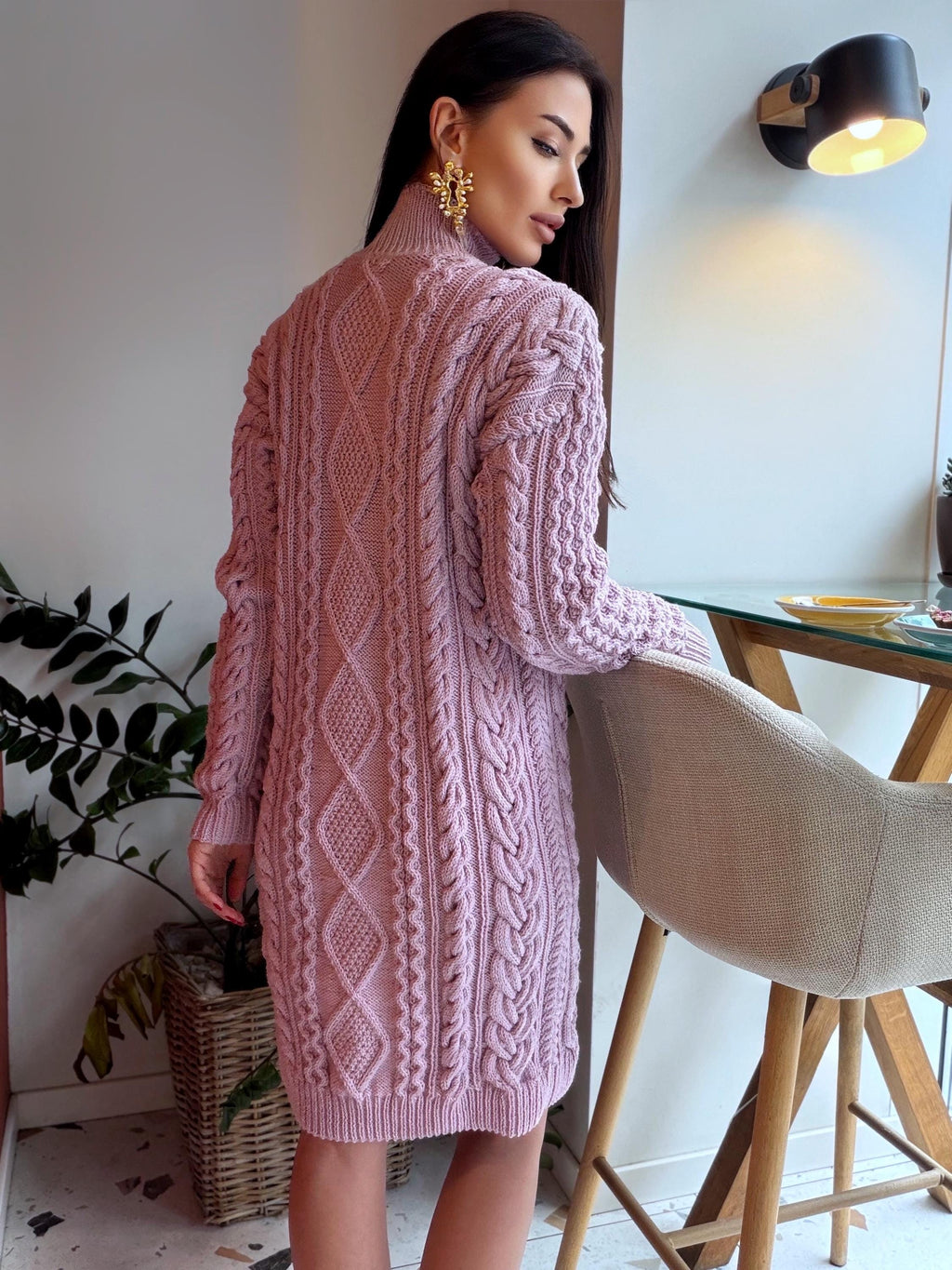 Merino wool hand knit light lilac sweater dress turtleneck Cable knit large sweater Oversize cozy knit dress high collar Women Chunky knit