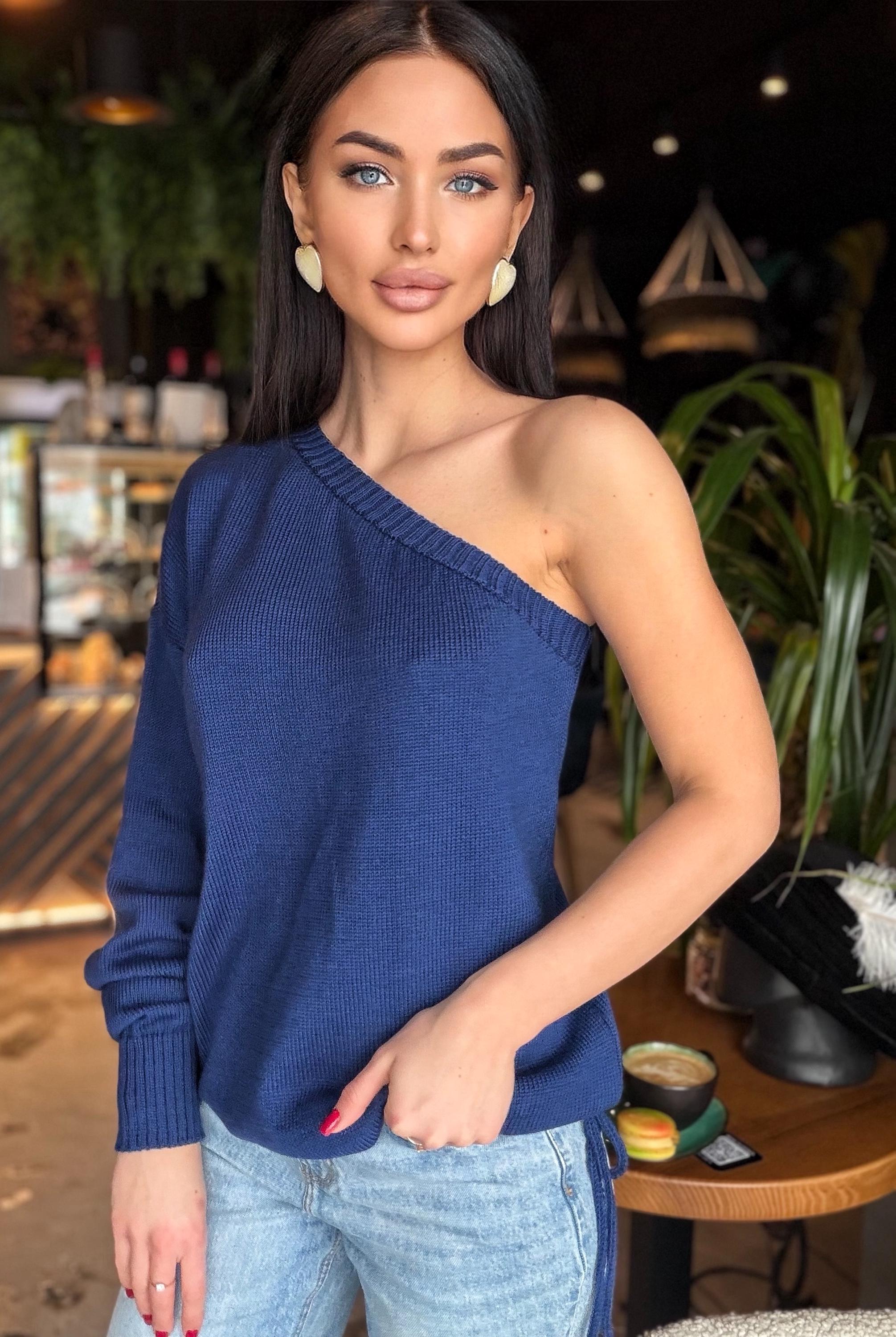 Knit merino wool blue one sleeve one shoulder sweater for women’s Spring off shoulder pullover top