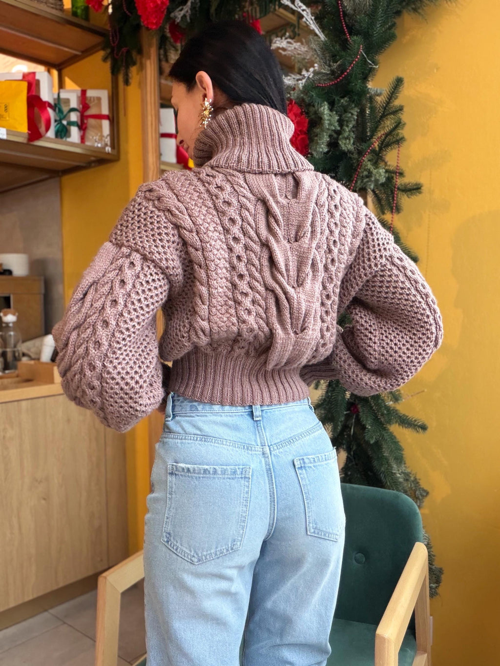 Hand knit cropped merino wool cable knit light brown beige sweater turtleneck Puff sleeves high collar Chunky knitted Pullover Womens
