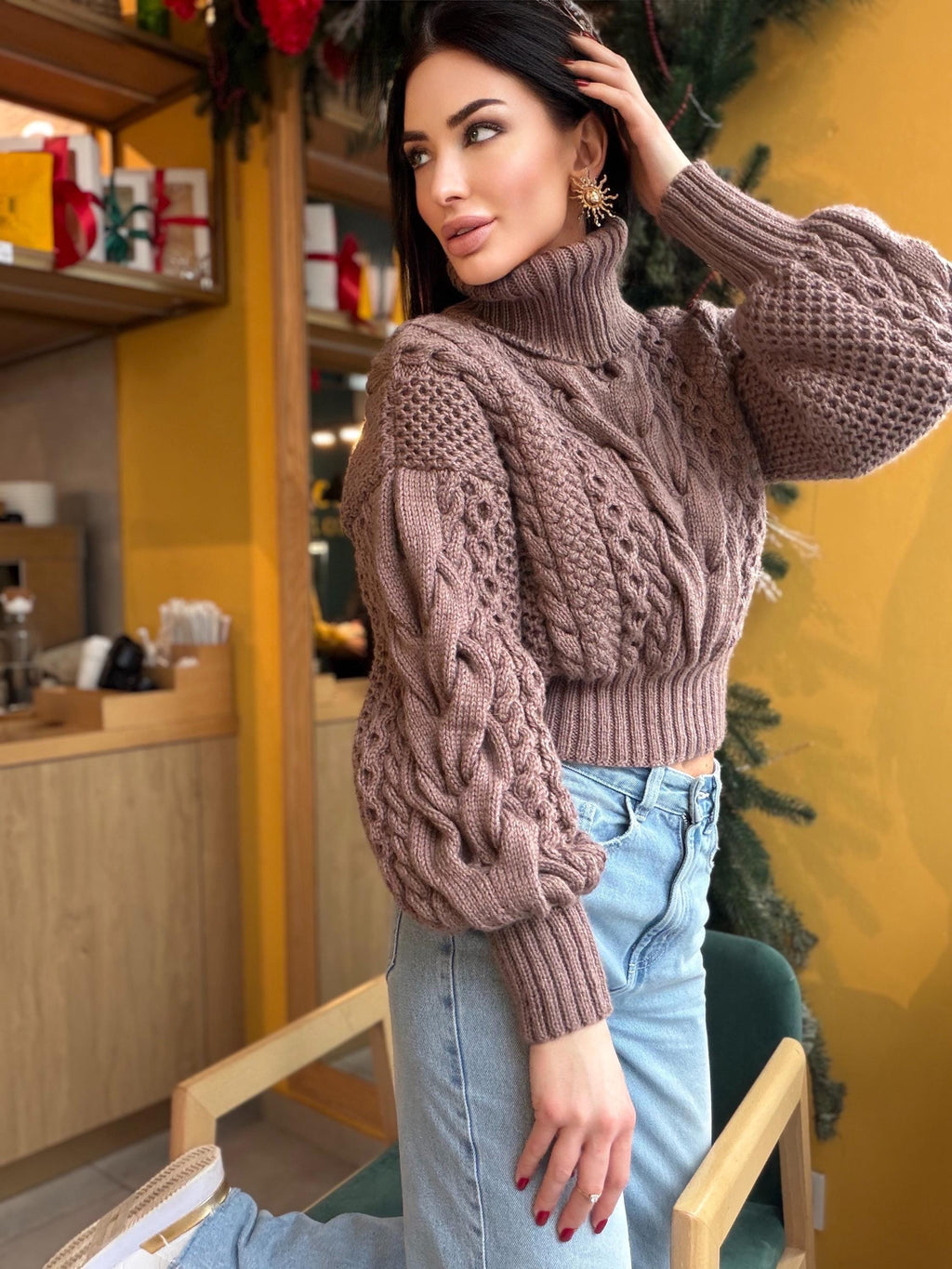 Hand knit cropped merino wool cable knit light brown beige sweater turtleneck Puff sleeves high collar Chunky knitted Pullover Womens
