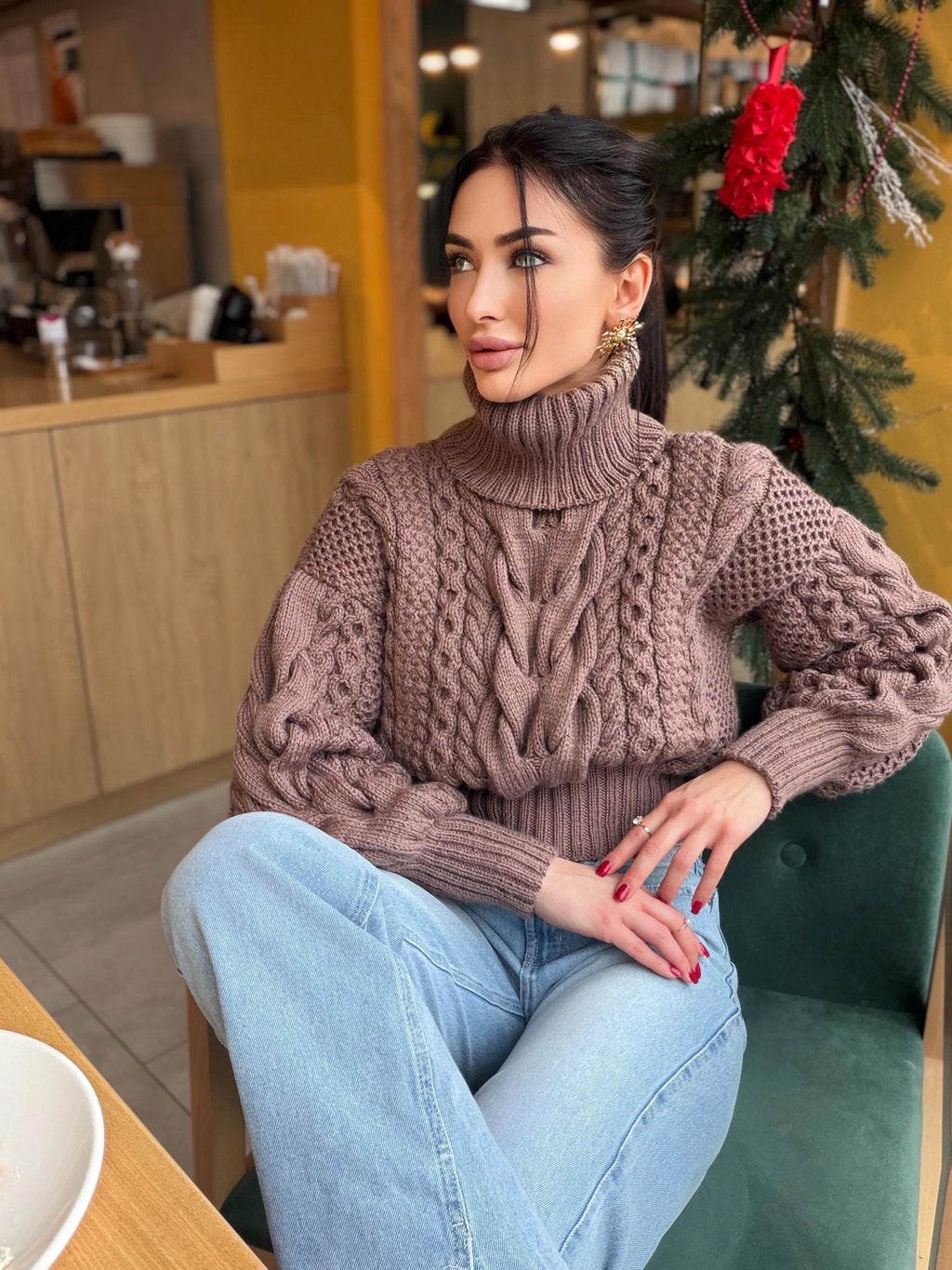 Hand knit cropped merino wool cable knit light brown beige sweater turtleneck Puff sleeves high collar Chunky knitted Pullover Womens