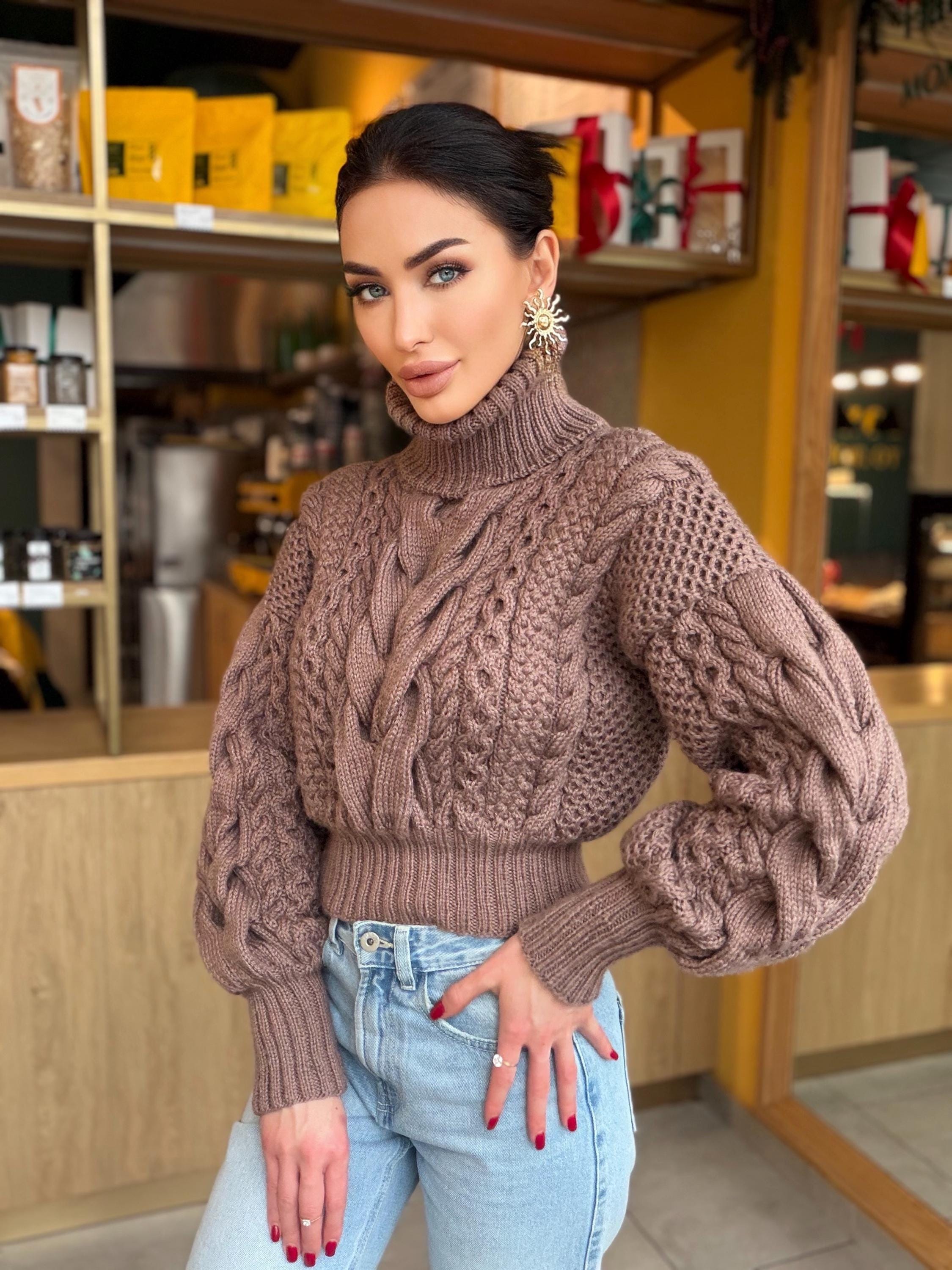Hand knit cropped merino wool cable knit light brown beige sweater turtleneck Puff sleeves high collar Chunky knitted Pullover Womens
