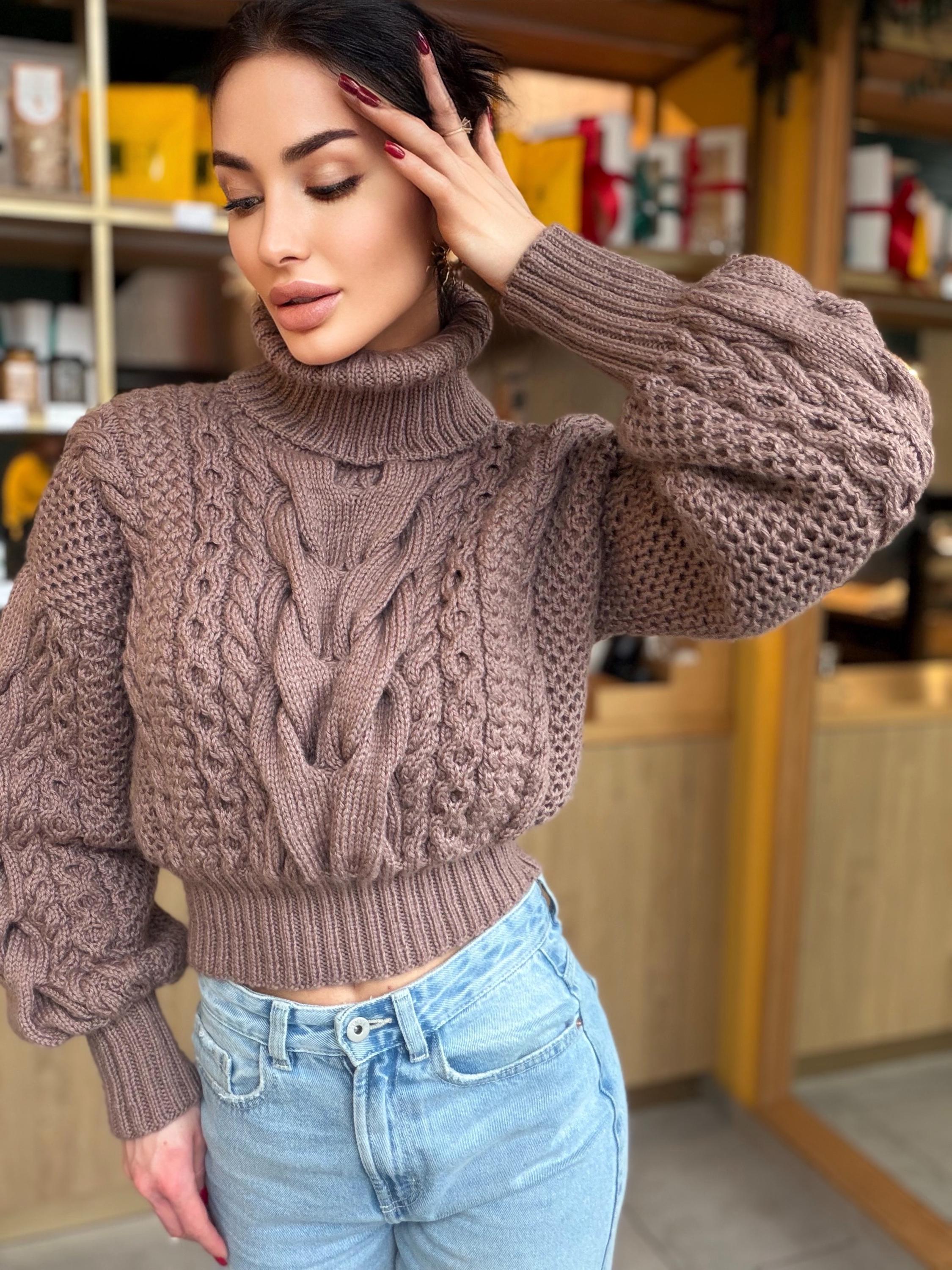 Hand knit cropped merino wool cable knit light brown beige sweater turtleneck Puff sleeves high collar Chunky knitted Pullover Womens