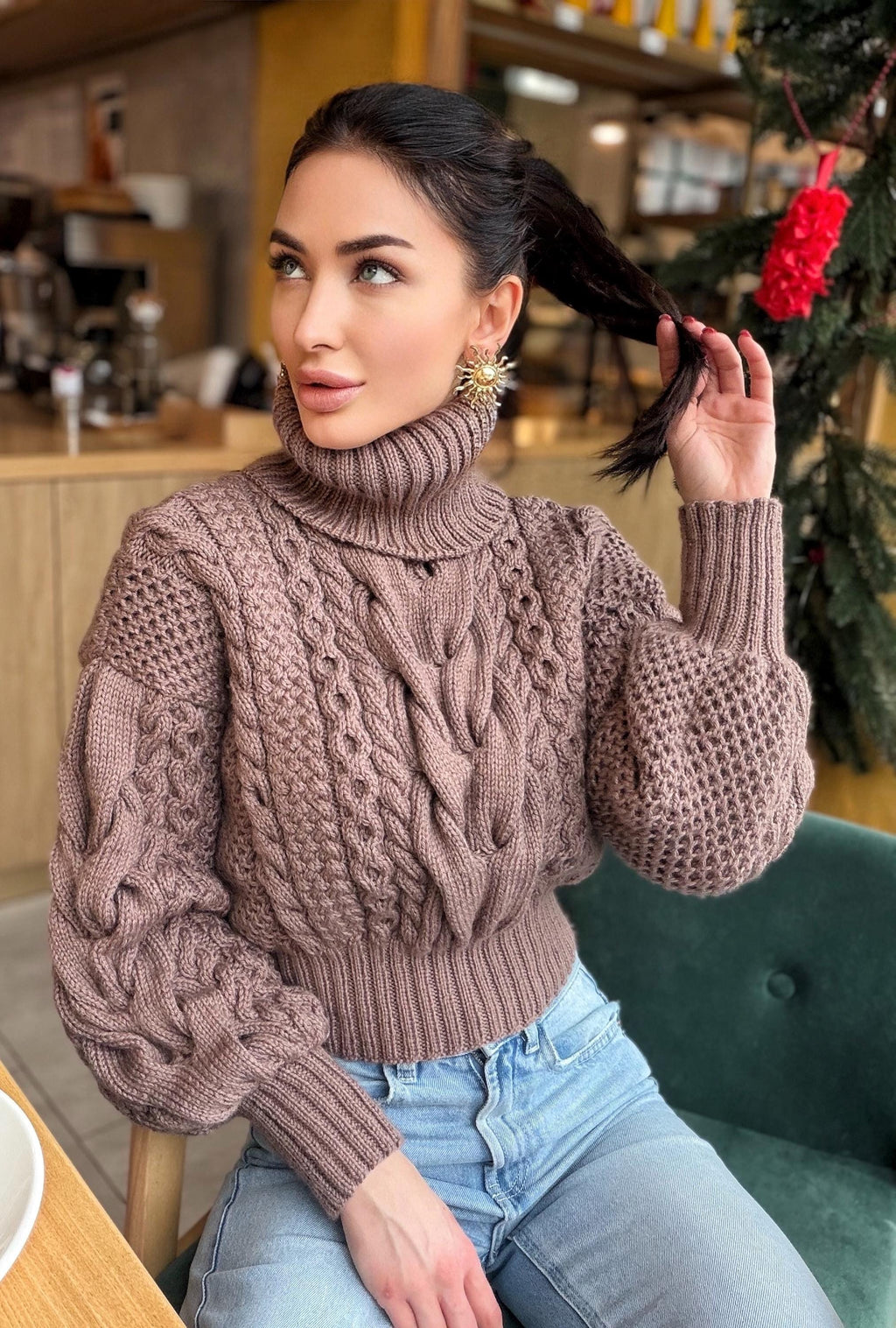 Hand knit cropped merino wool cable knit light brown beige sweater turtleneck Puff sleeves high collar Chunky knitted Pullover Womens