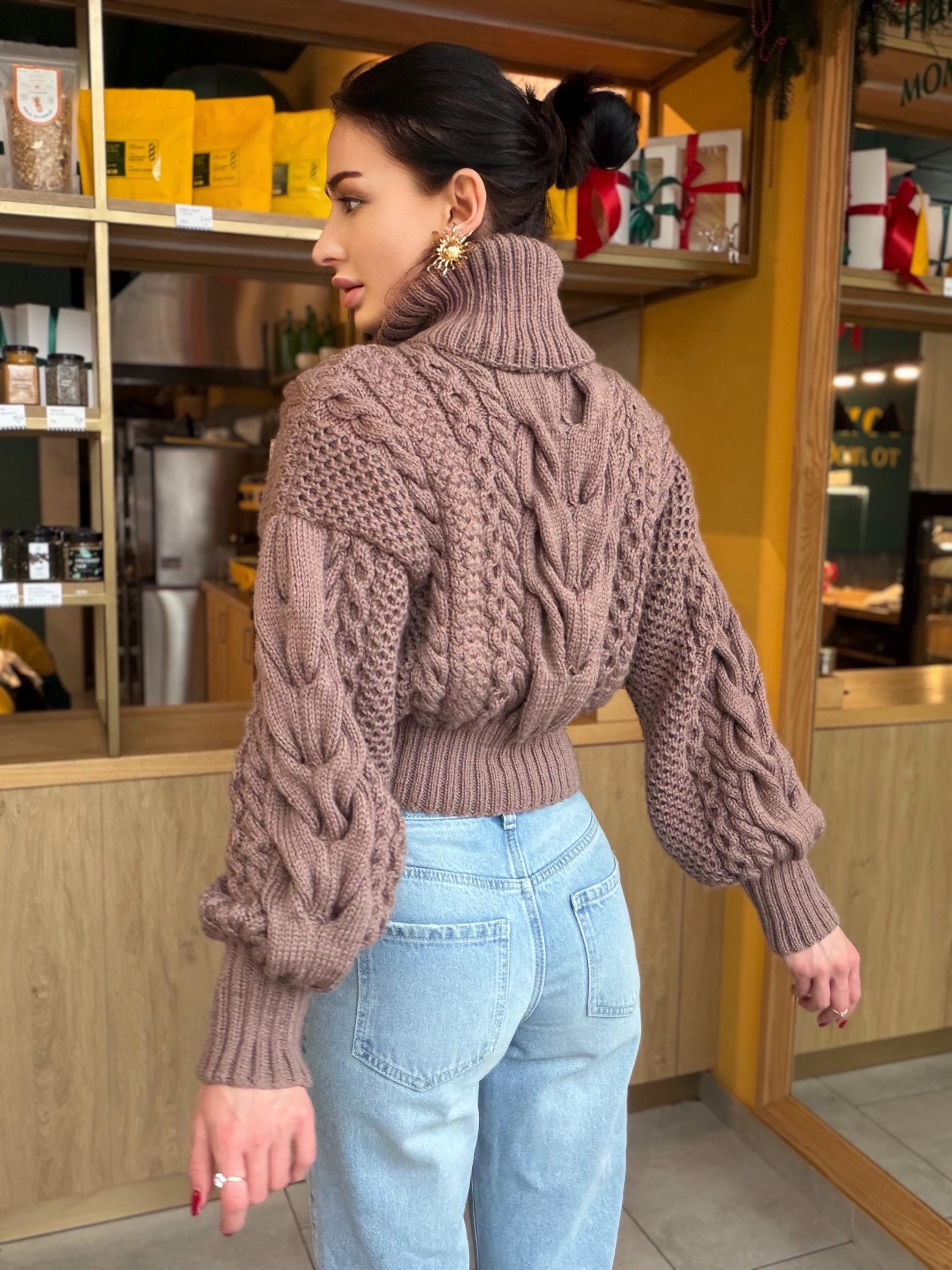 Hand knit cropped merino wool cable knit light brown beige sweater turtleneck Puff sleeves high collar Chunky knitted Pullover Womens