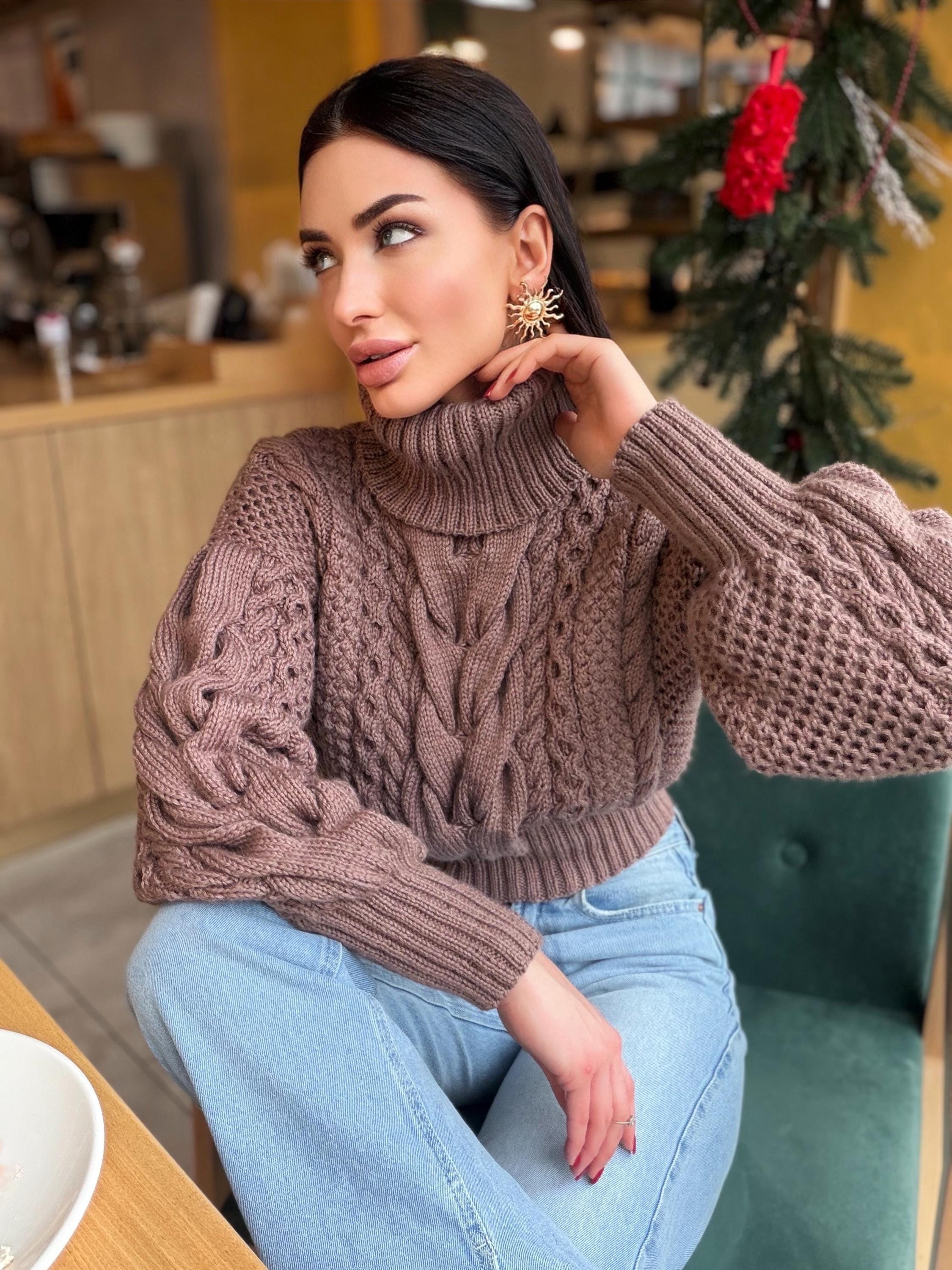 Hand knit cropped merino wool cable knit light brown beige sweater turtleneck Puff sleeves high collar Chunky knitted Pullover Womens
