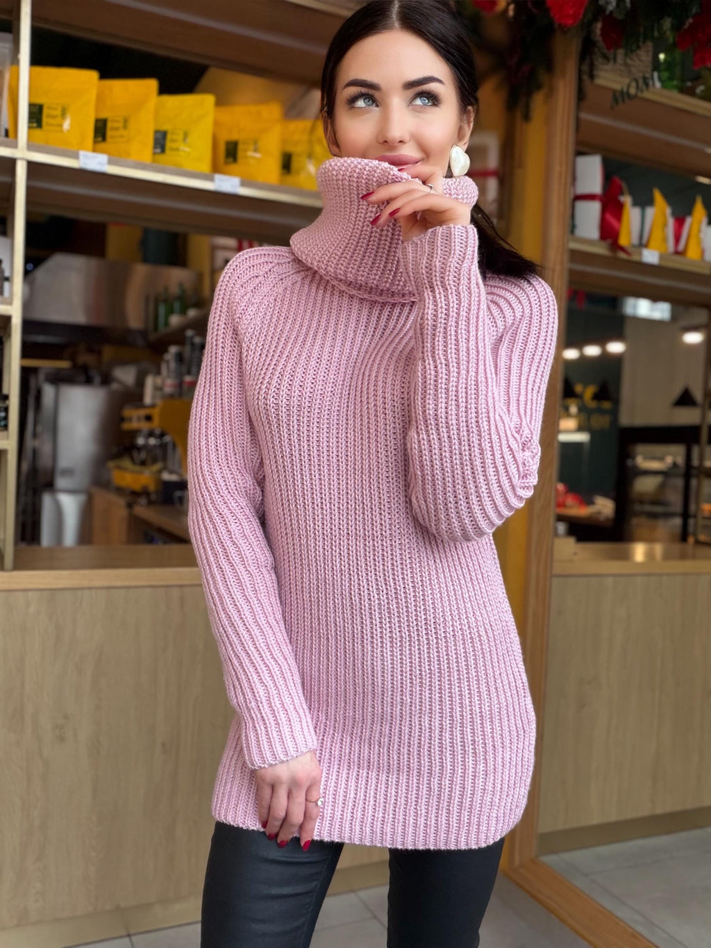Merino wool hand knit pink Large Turtleneck - Sweater Big high collar unisex Cable Knit wool pullover Womens Chunky knit sweater dress